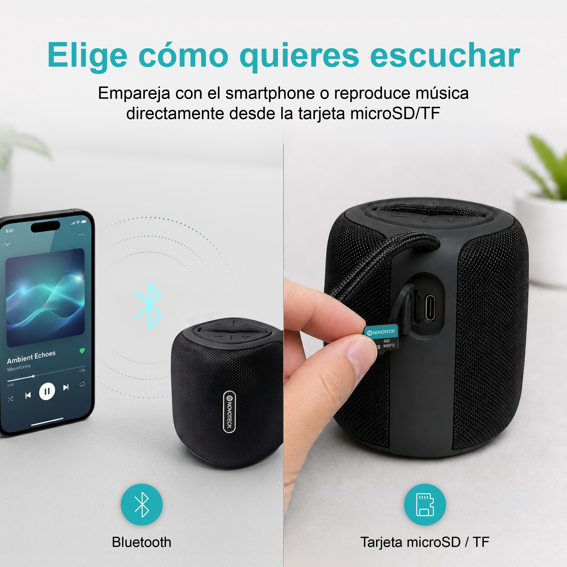 Uno smartphone riproduce musica via Bluetooth, mentre una mano inserisce una microSD in un altoparlante.