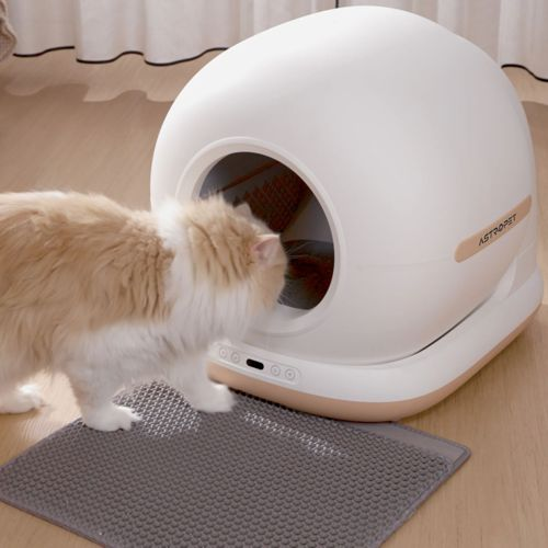 Eine Katze betritt eine weiße selbstreinigende Katzentoilette auf einer grauen Matte.