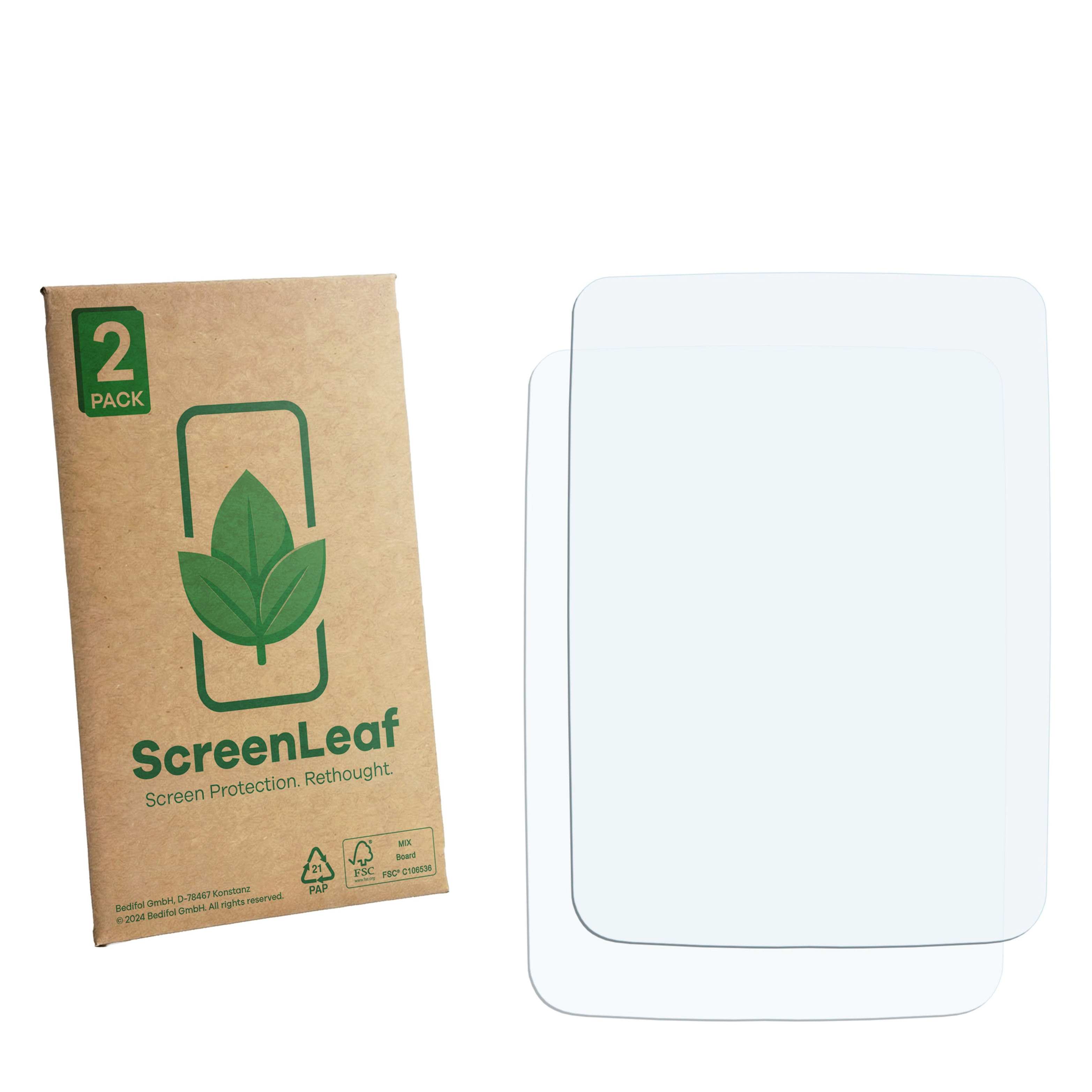 Eine Packung mit zwei Displayschutzfolien neben einer braunen Pappverpackung.