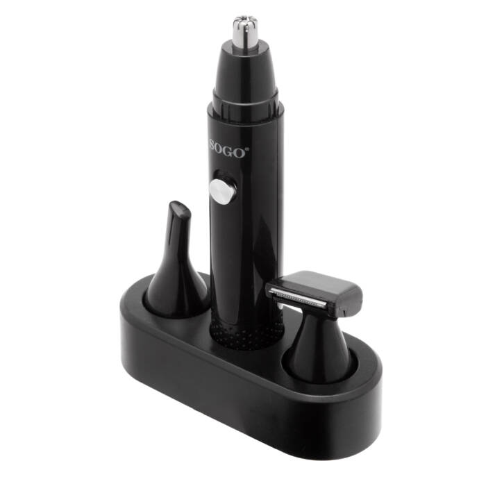 Un kit di toelettatura SOGO nero con accessori poggia su una base nera.