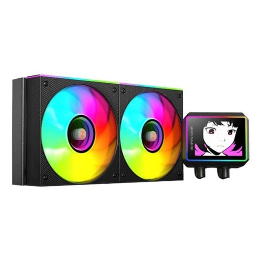 Un refrigerador de PC con dos ventiladores RGB y un cabezal de bomba cuadrado con imagen de anime.