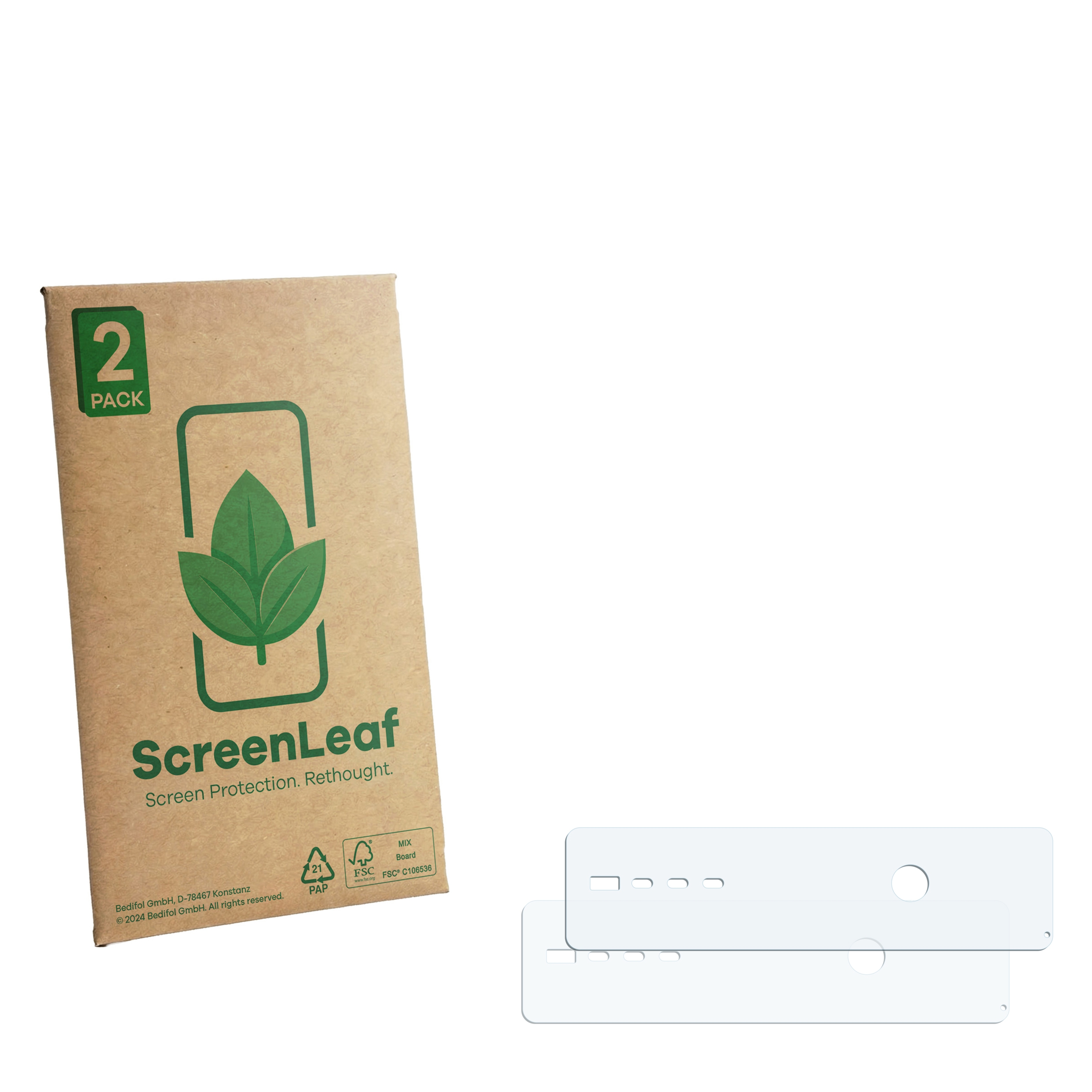 Eine Packung mit zwei Displayschutzfolien und einer braunen Verpackung mit grünen Blättern.