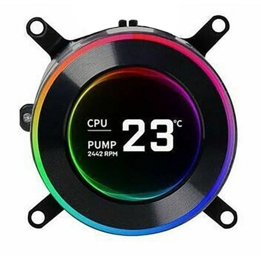Schwarzer CPU-Kühler mit RGB-Beleuchtung und digitaler Anzeige von 23°C.