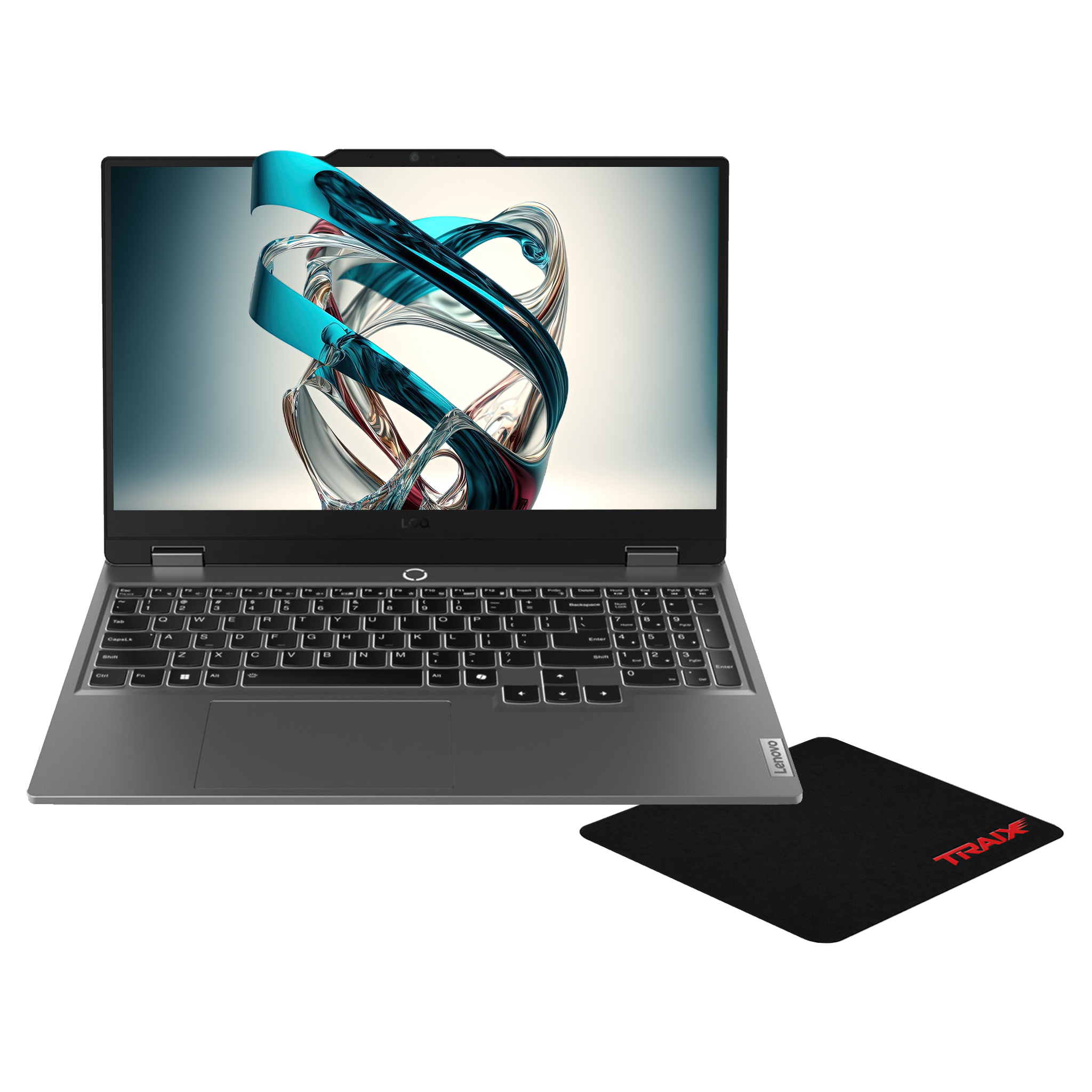 Ekranında mavi kurdele ve siyah mousepad bulunan gri dizüstü bilgisayar.