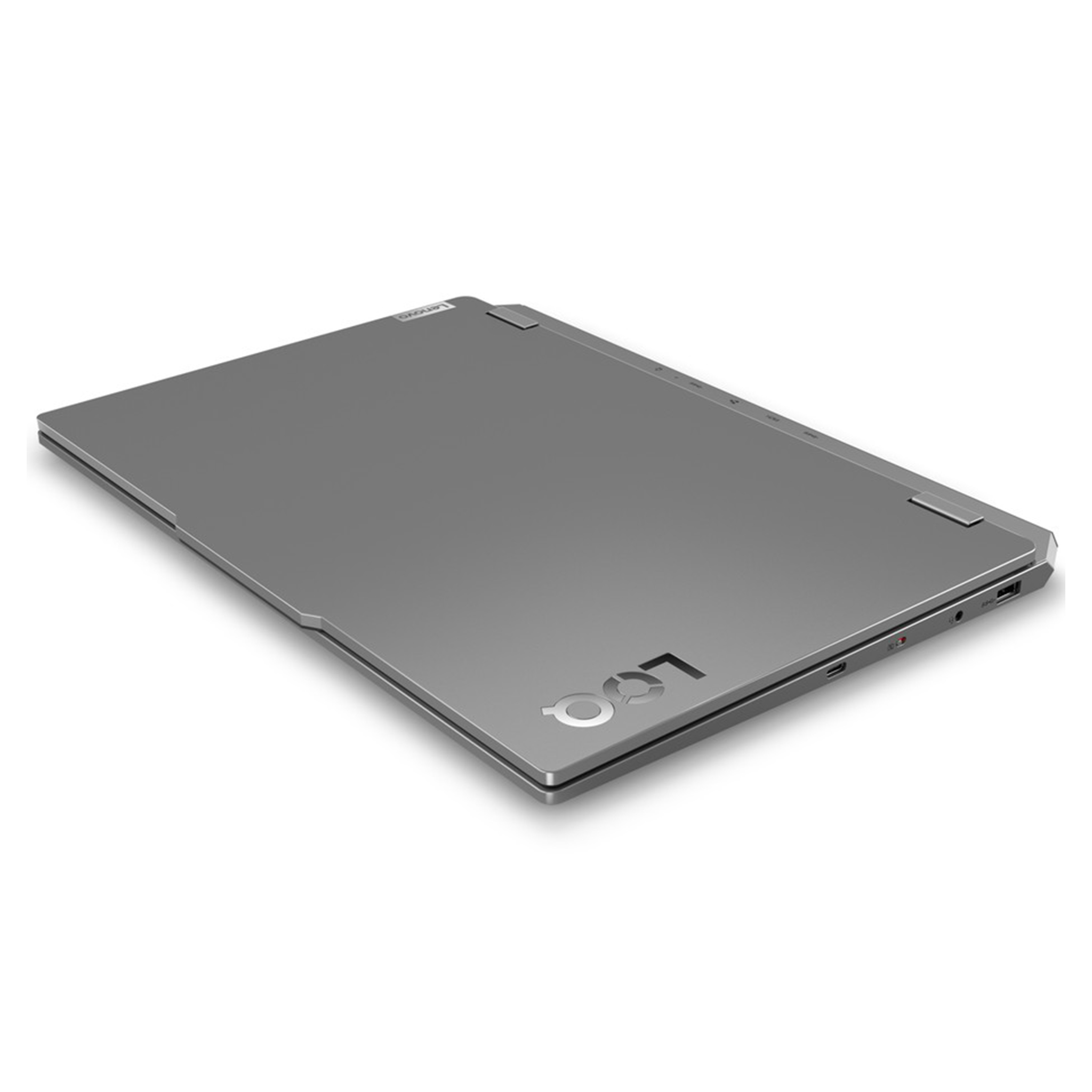 Lenovo logolu gri dizüstü bilgisayar ve yan bağlantı noktaları.