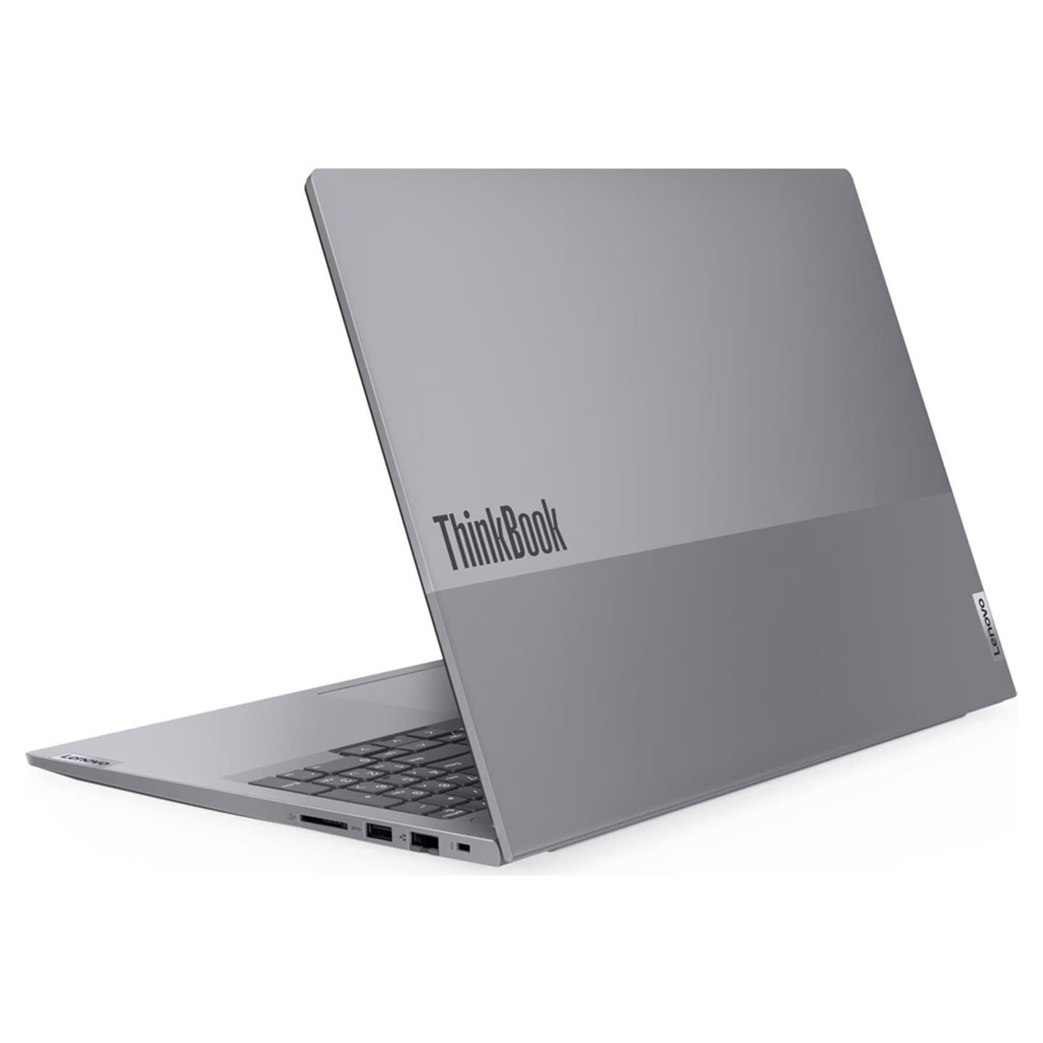 Gri Lenovo ThinkBook dizüstü bilgisayar, açık ekran ve görünür klavye ile yandan görünüm.