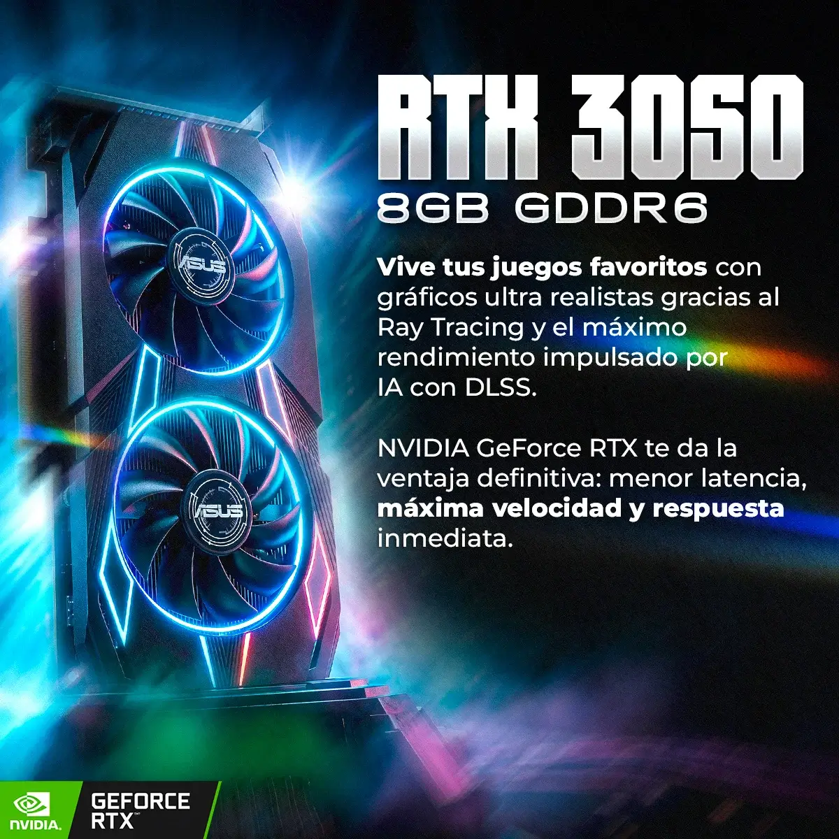 Scheda grafica RTX 3050 con 8GB GDDR6, illuminata da luci blu e rosse.