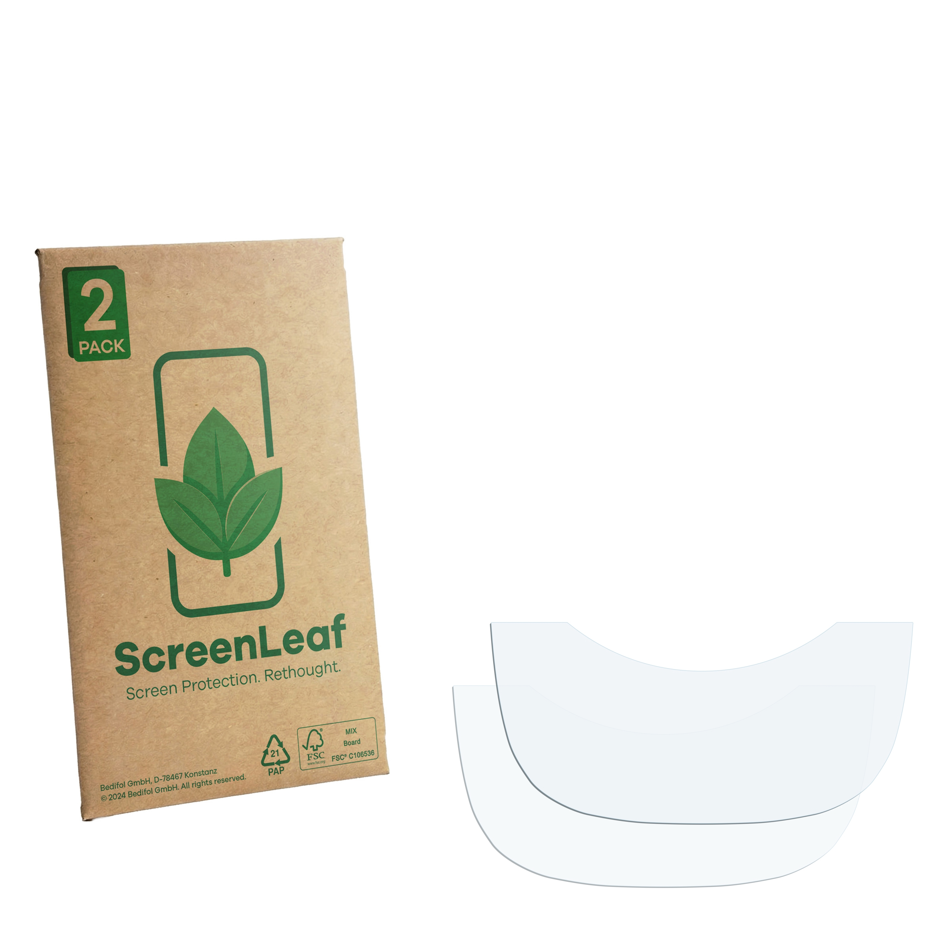 Eine Packung mit zwei Displayschutzfolien und einer braunen Pappverpackung mit grüner Blattgrafik.
