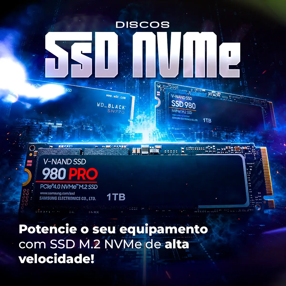 Tre SSD NVMe su sfondo scuro con effetti di luce blu. Testo sopra la scena.