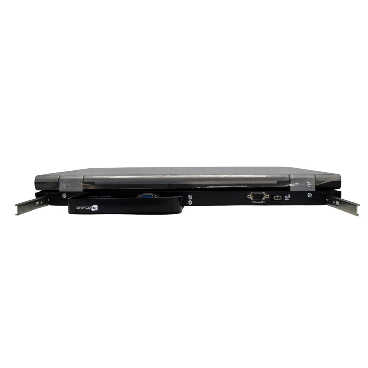 Un cassetto nero per rack server con logo SimpleTek e porte.