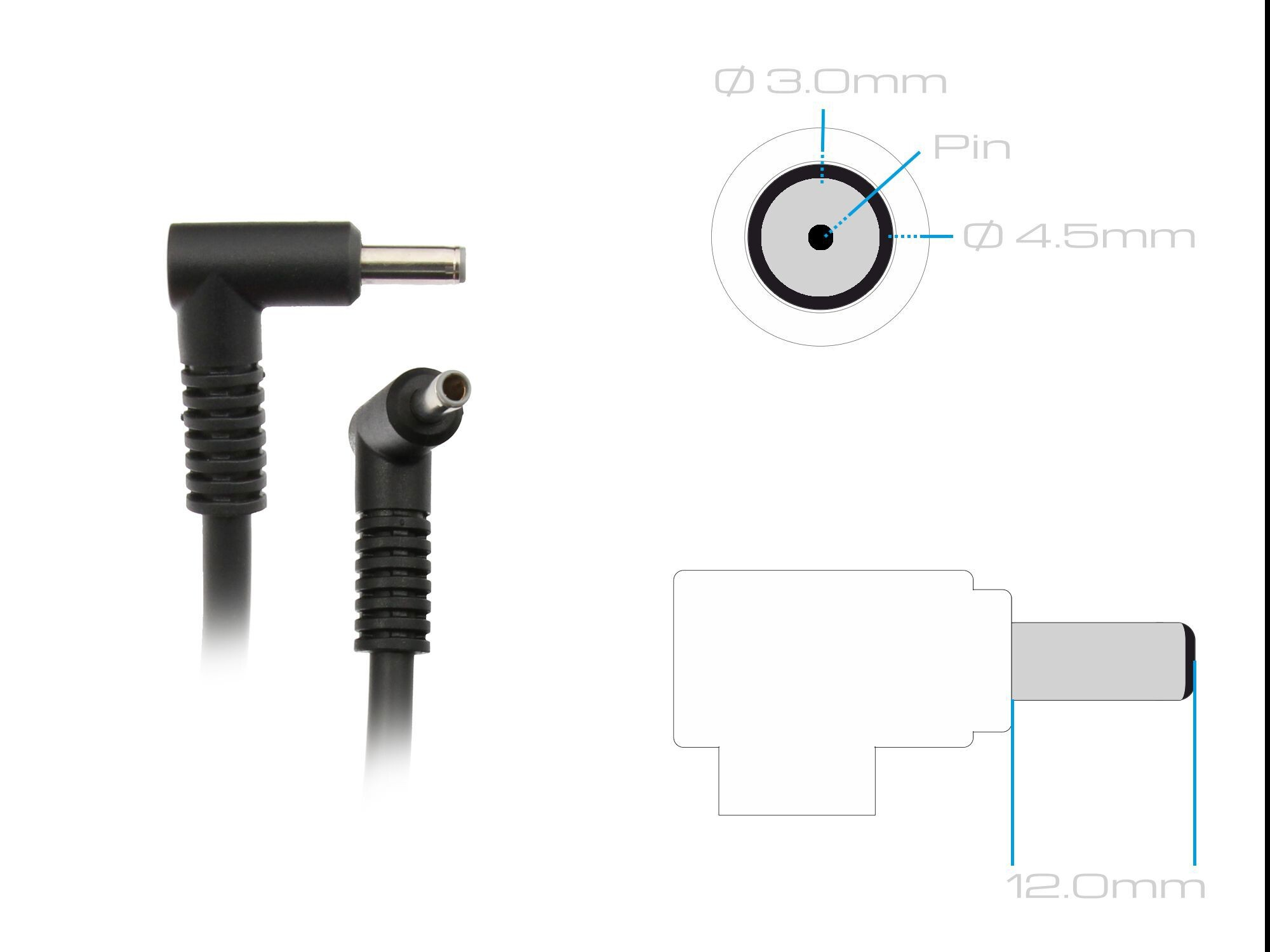 Zwei schwarze Kabelstecker mit Metallspitzen und schematische Darstellungen.