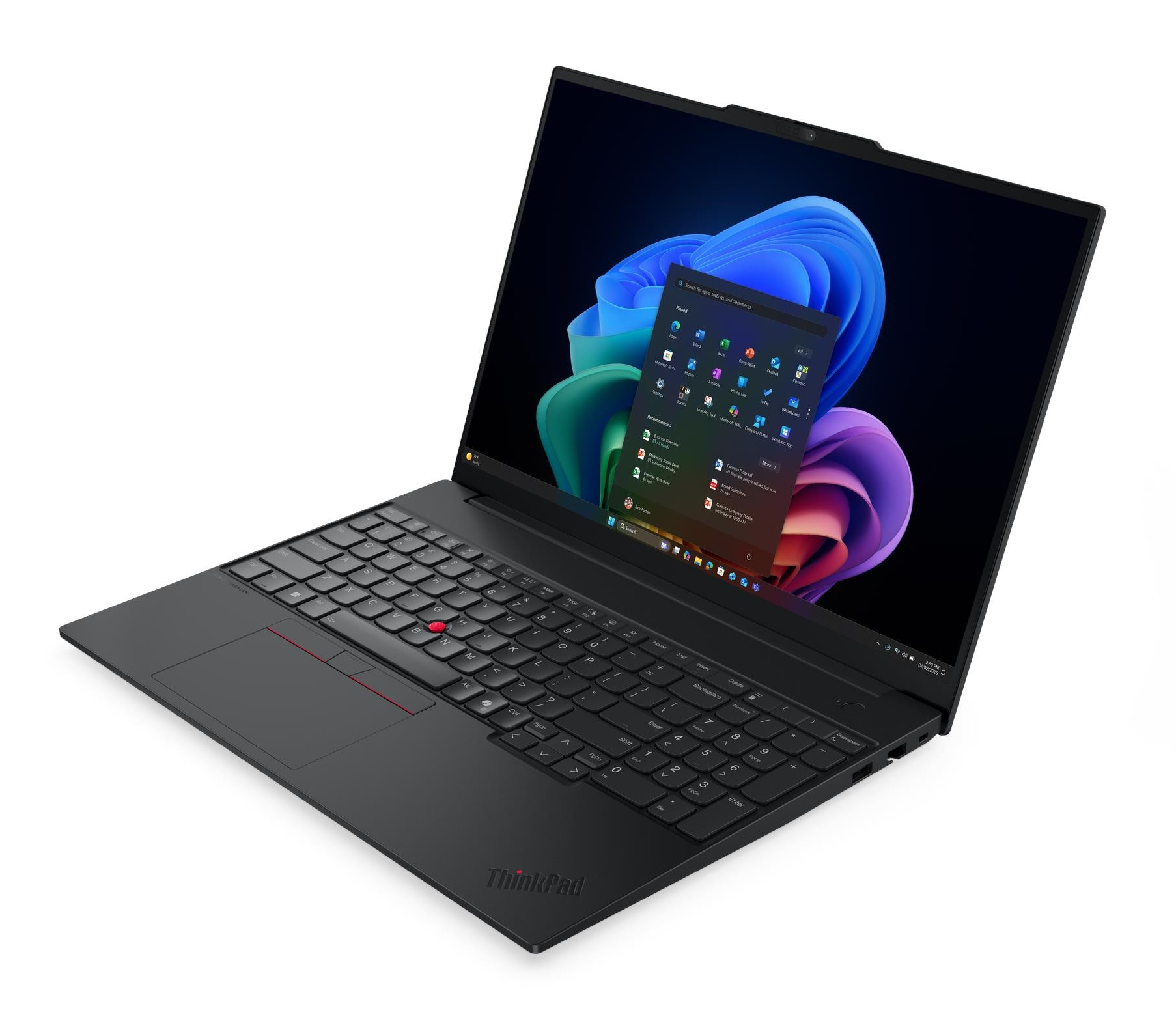 Un laptop nero con menu Start aperto e grafica di sfondo colorata.