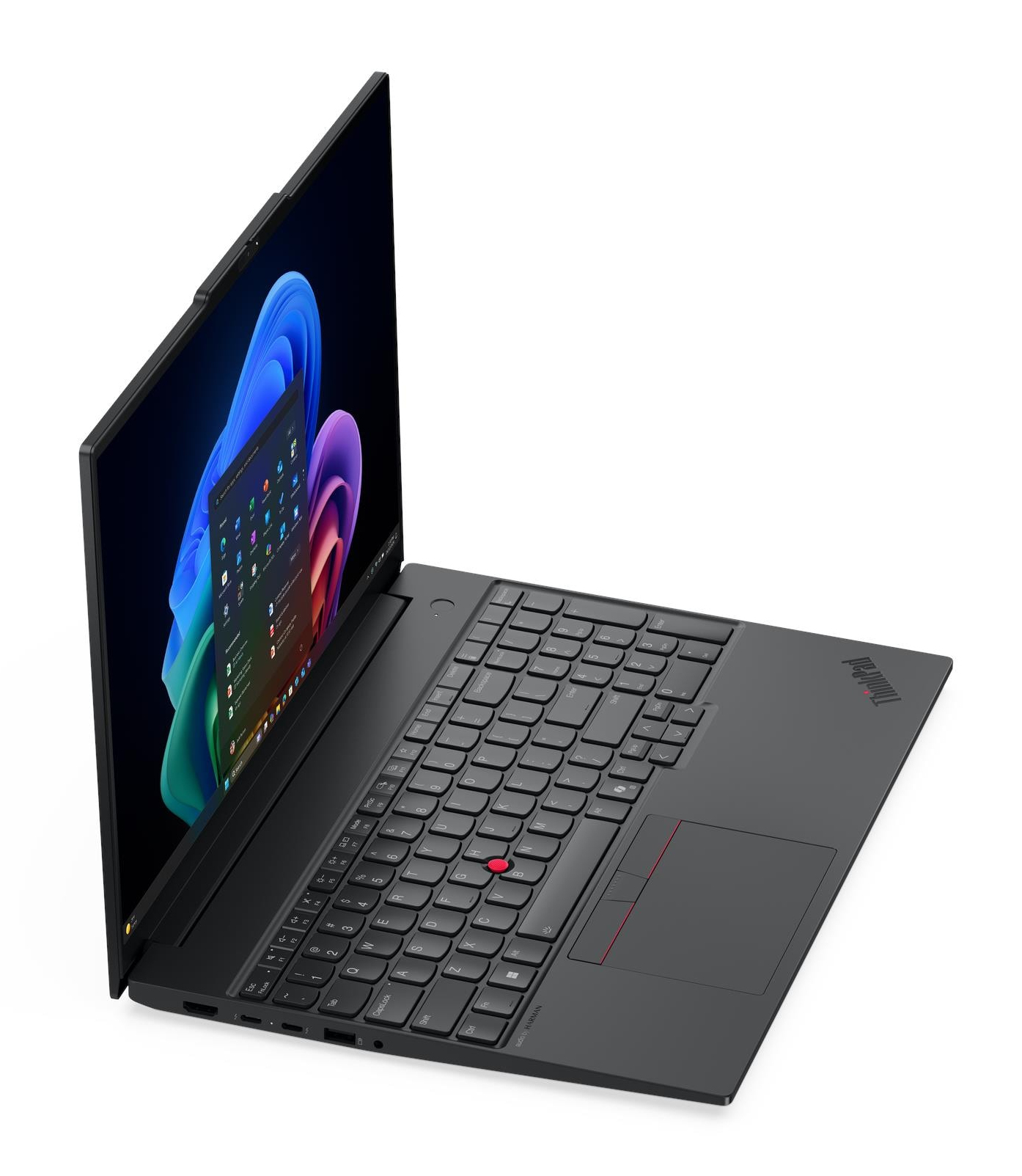 Un laptop nero con logo ThinkPad illuminato sul coperchio.