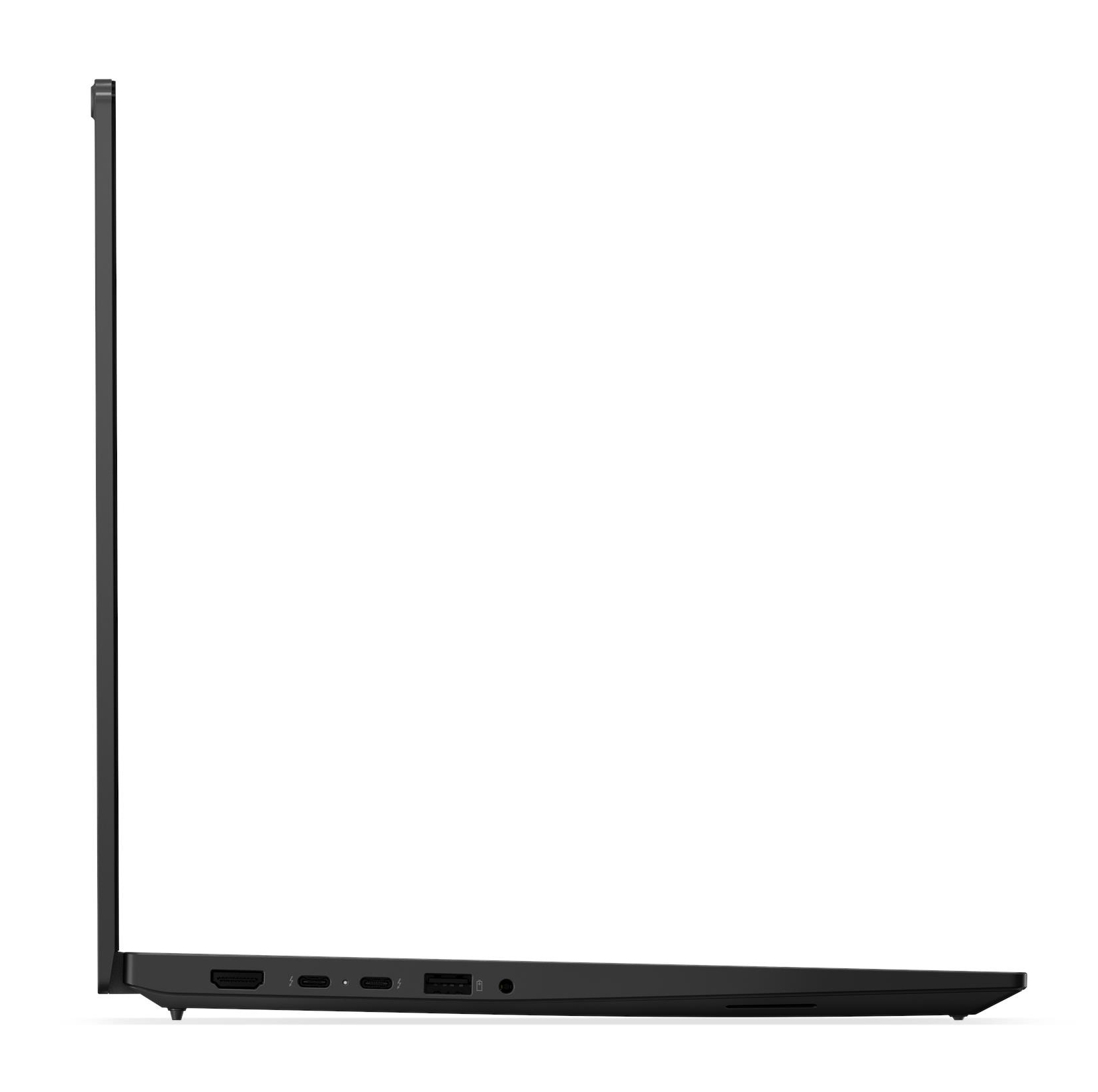 Laptop nero visto di lato, con porte lungo il bordo.