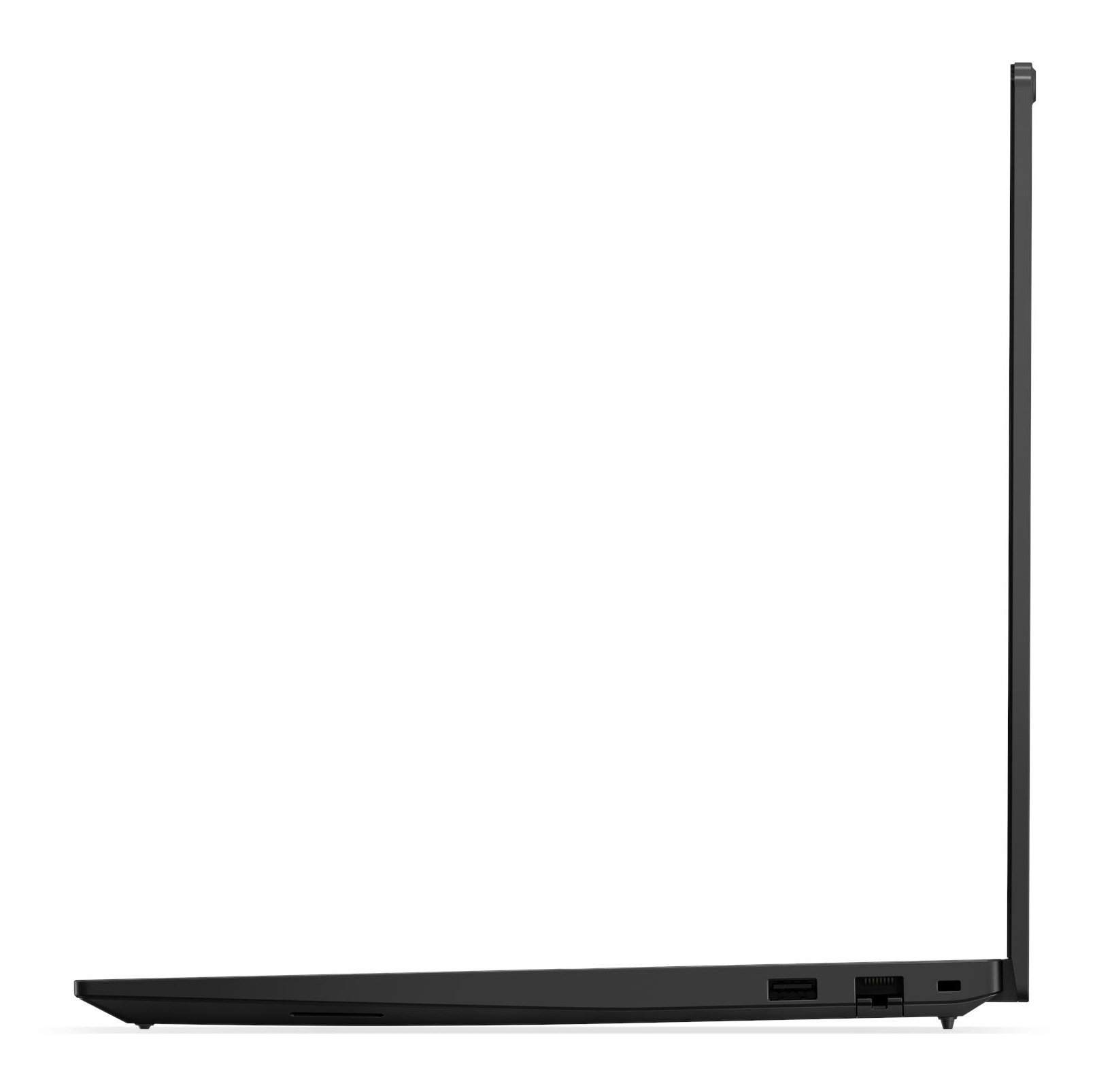 Vista laterale di un laptop nero che mostra porte USB e fessure di ventilazione.