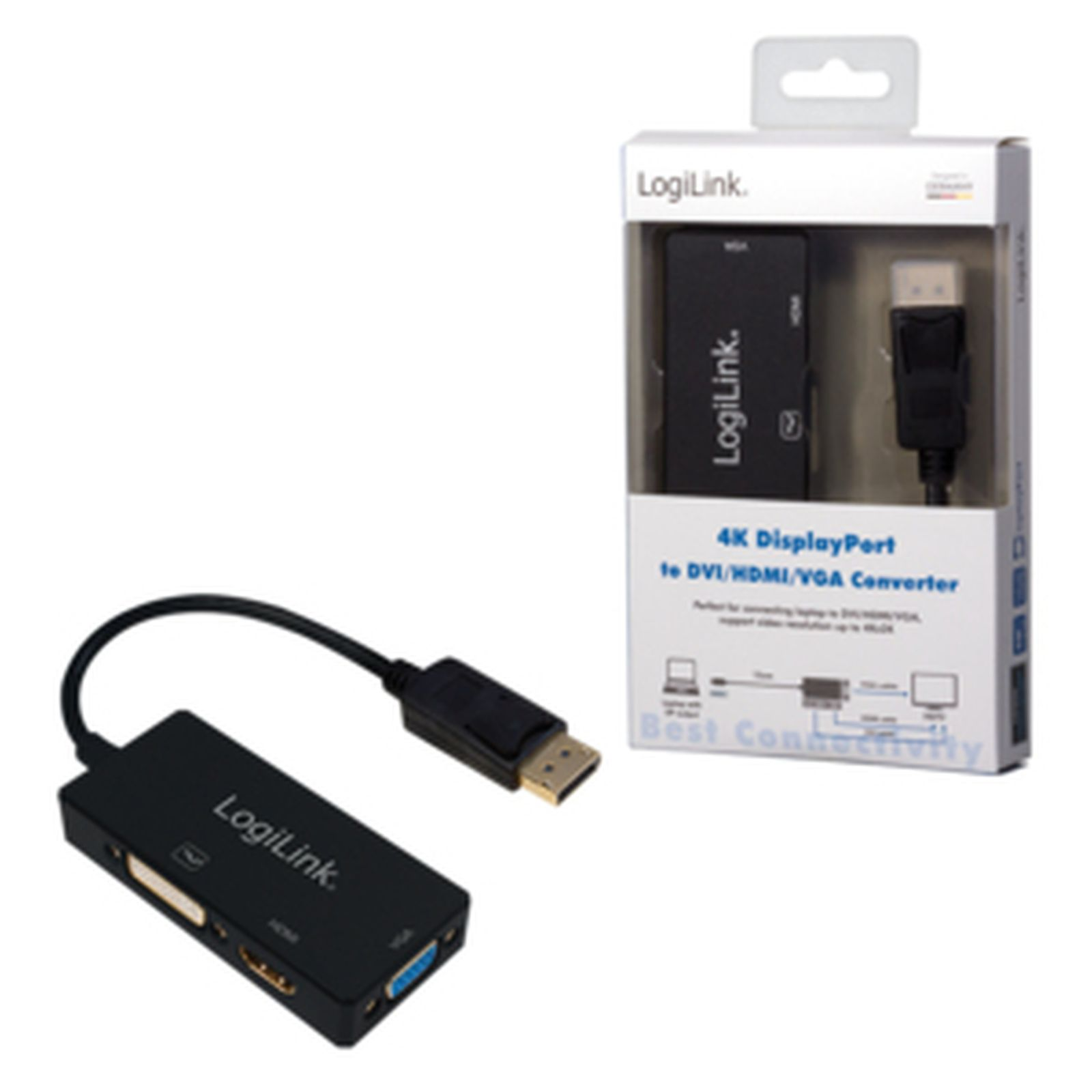 Konwerter LogiLink 4K DisplayPort na DVI/HDMI/VGA, czarny, z kablem.