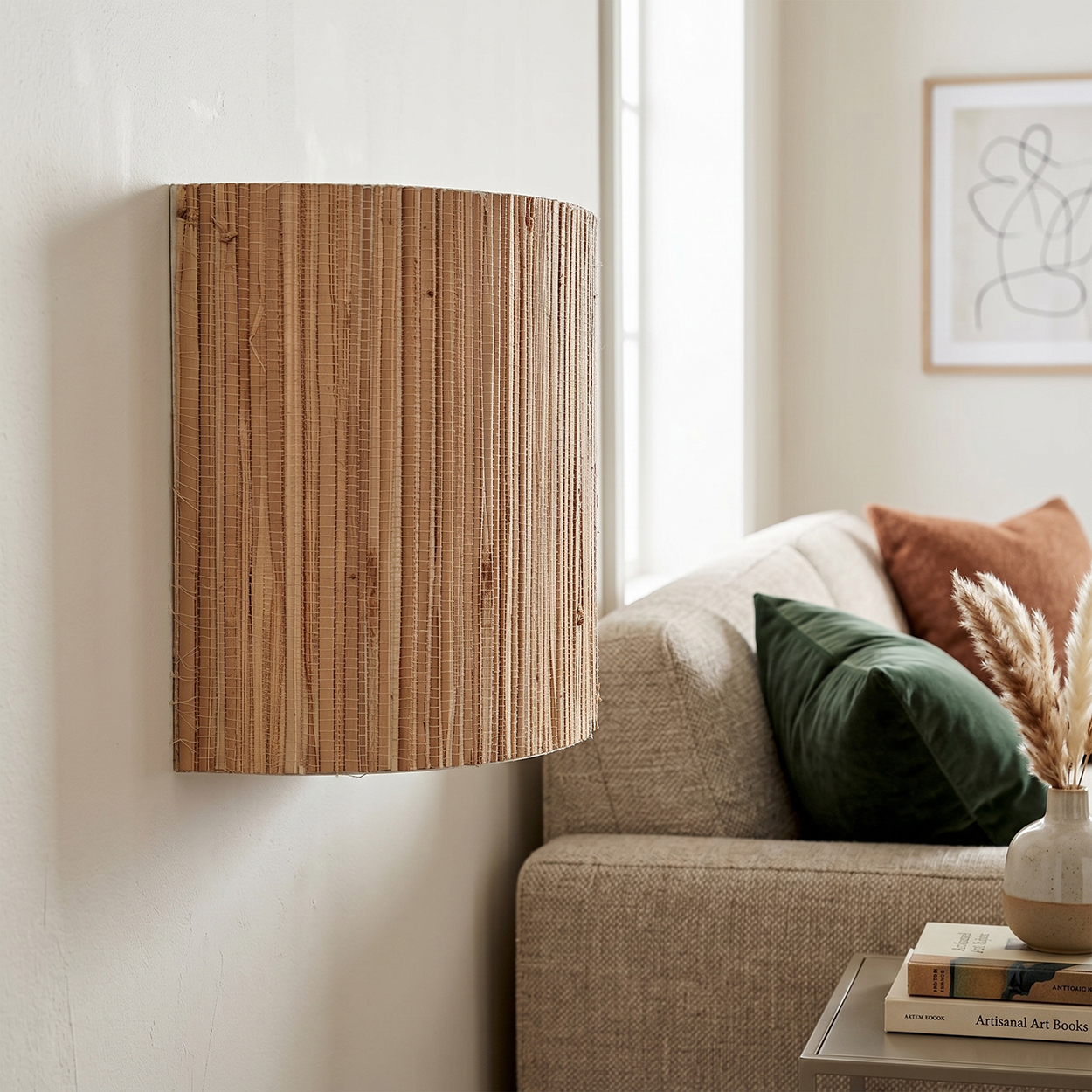 Ein braunes Wandpaneel aus Rattan hängt an einer weißen Wand neben einem Sofa.