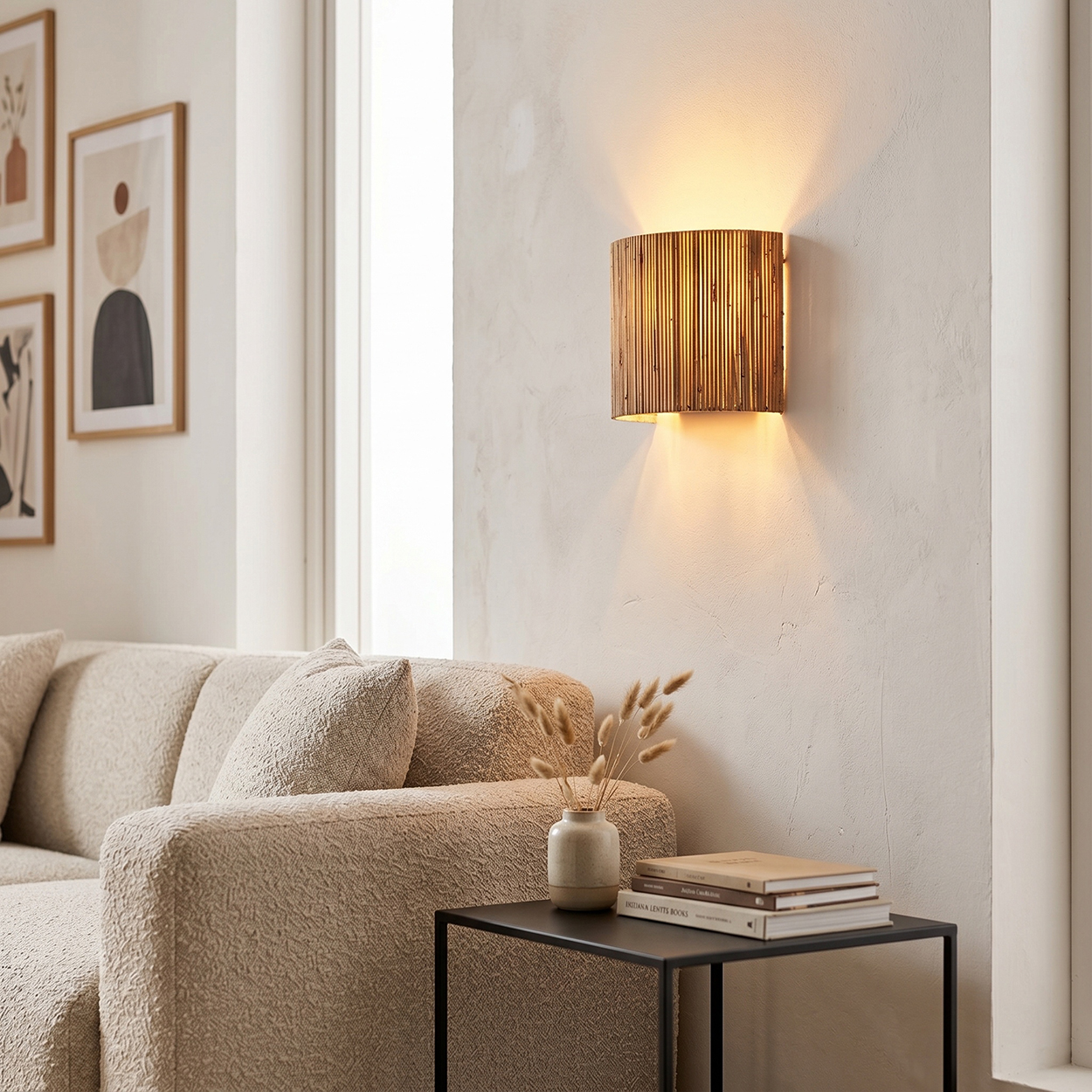 Ein gemütliches Wohnzimmer mit einem beigen Sofa, einem Nachttisch und einer Wandlampe.