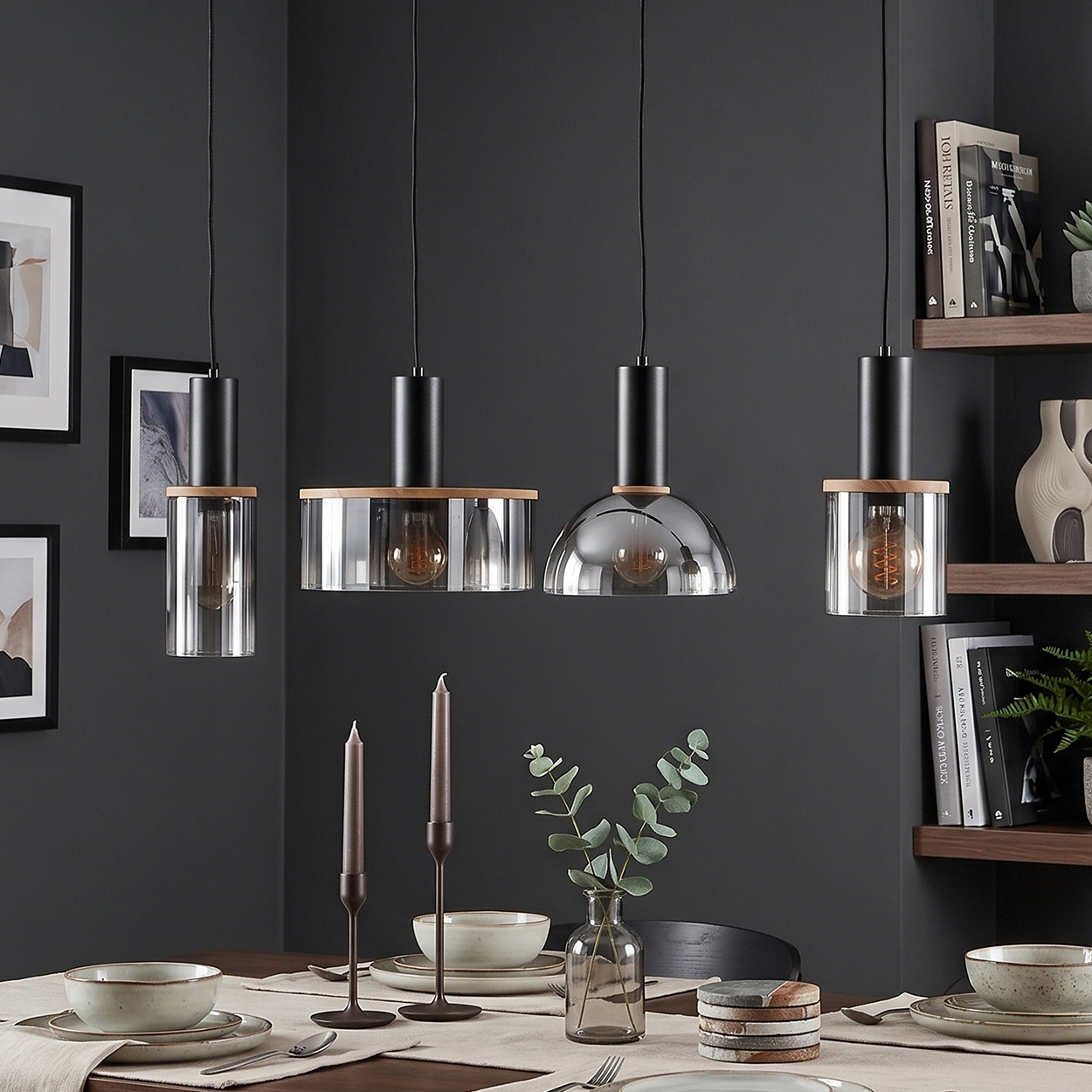 Drei Hängeleuchten mit Glaszylindern und Holzdetails über einem gedeckten Tisch.