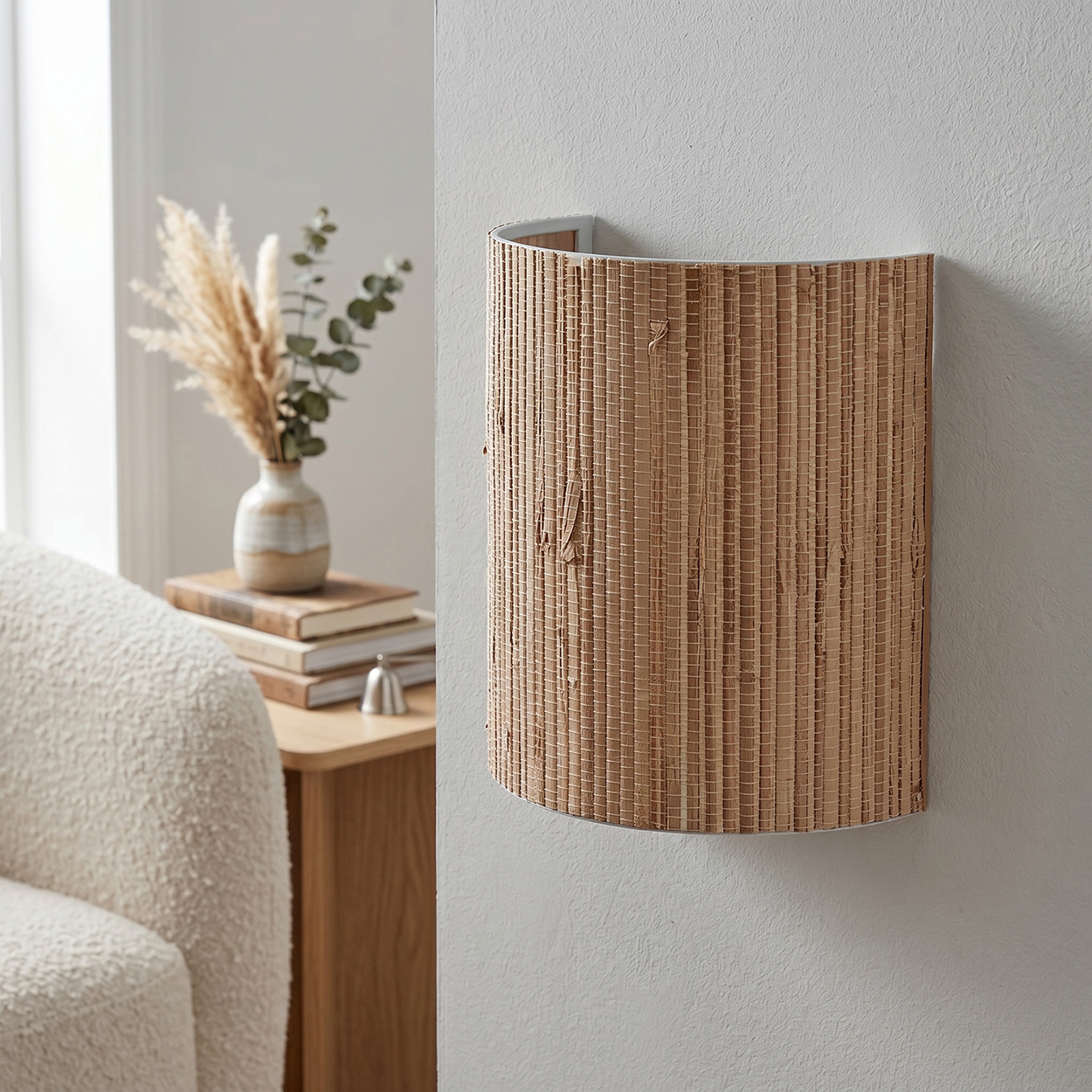 Ein brauner Wandlampenschirm aus Rattan-Geflecht an einer weißen Wand.