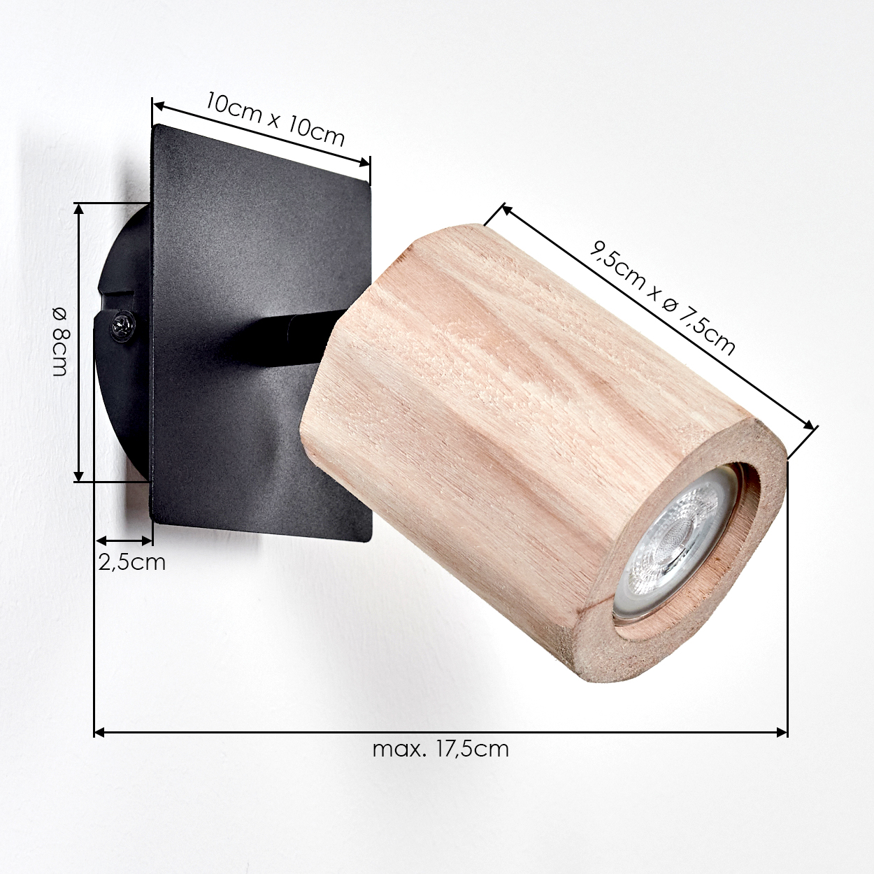 Ein Wandstrahler aus Holz und schwarzem Metall mit Maßen.