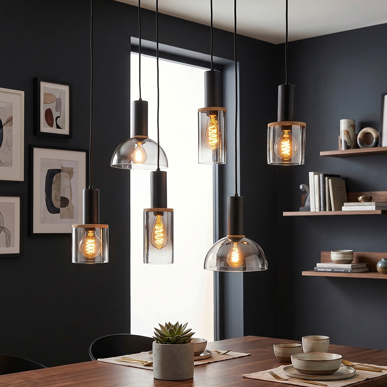 Fünf Pendelleuchten mit Glas und Holz über einem Esstisch mit Geschirr.