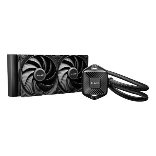 Een zwarte CPU-koeler met twee ventilatoren, een pomp en slangen.