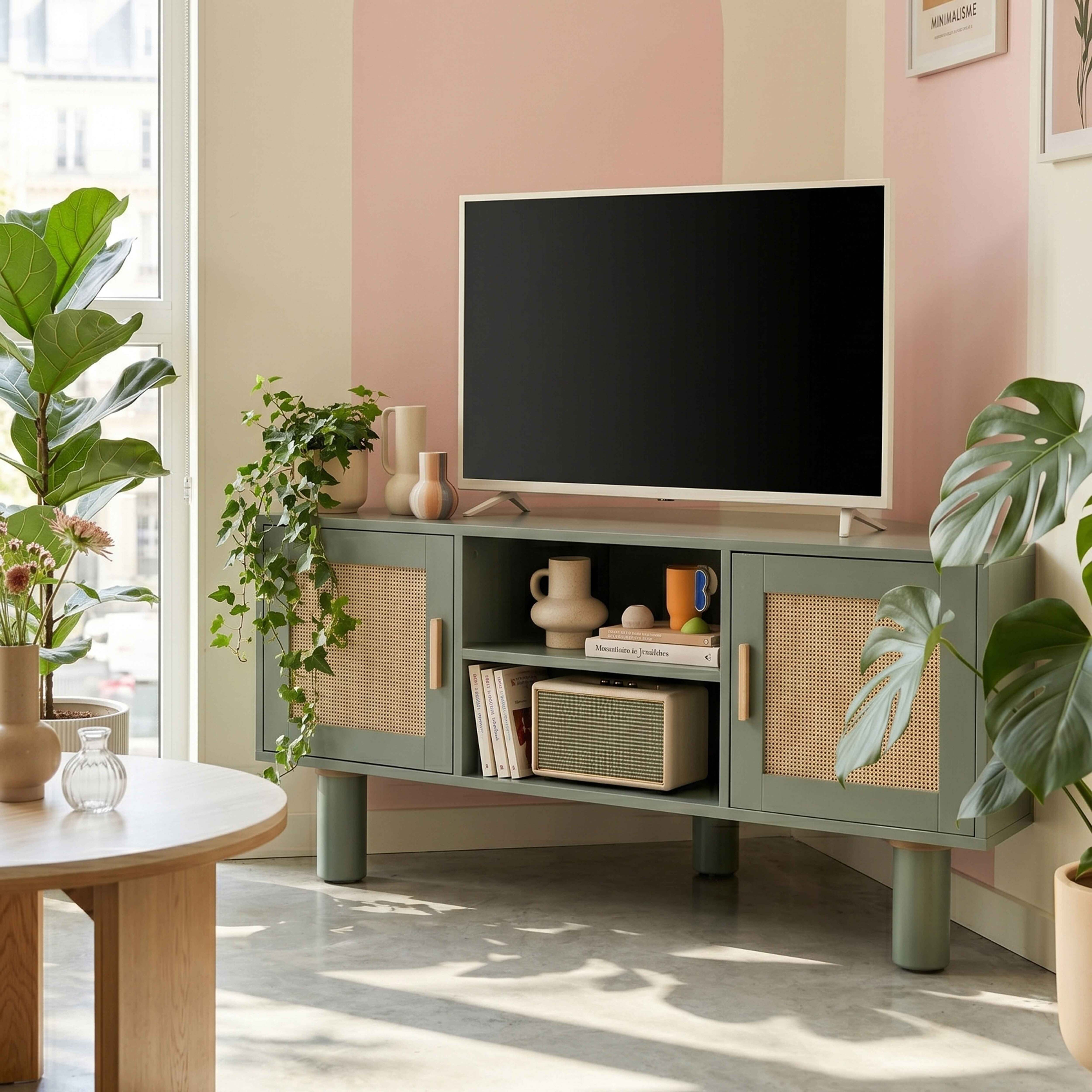 Ein grünes Sideboard mit Rattan-Türen steht unter einem Fernseher.