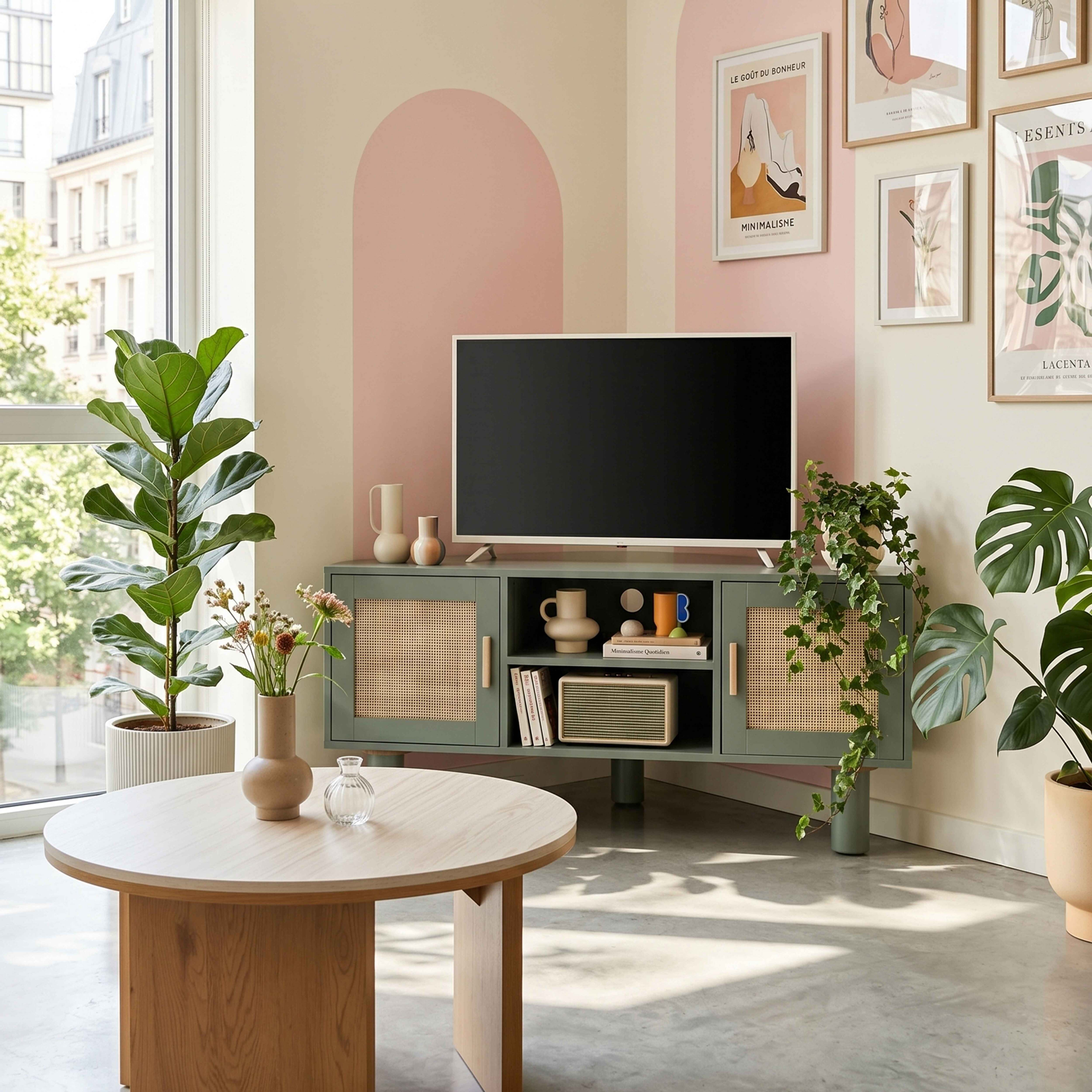 Ein Wohnzimmer mit einem grünen Sideboard, Fernseher, Pflanzen und einem Holztisch.