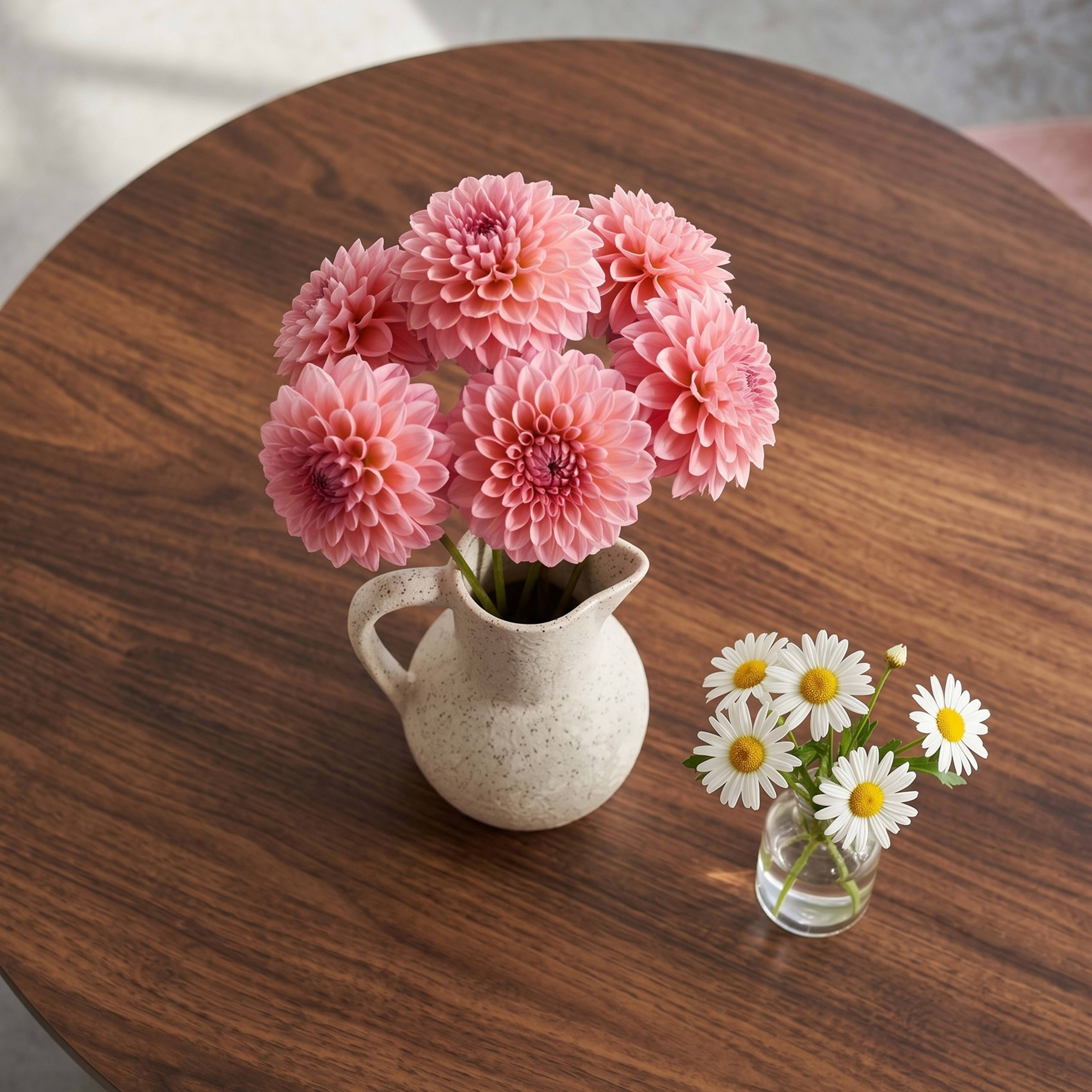 Zwei Blumenarrangements auf einem Holztisch: rosa Dahlien in einer Kanne und weiße Gänseblümchen in einem Glas.