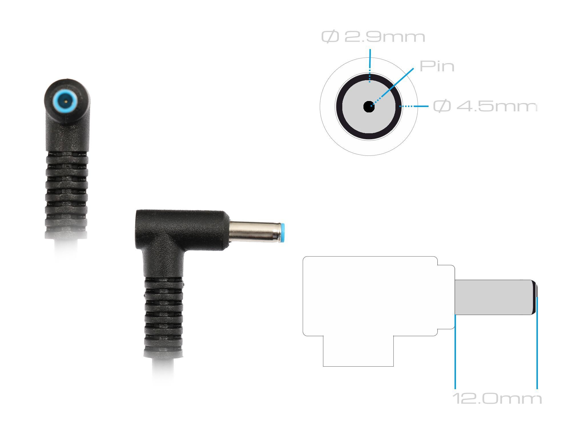 Ein schwarzer Stecker mit blauer Spitze und technische Maße.