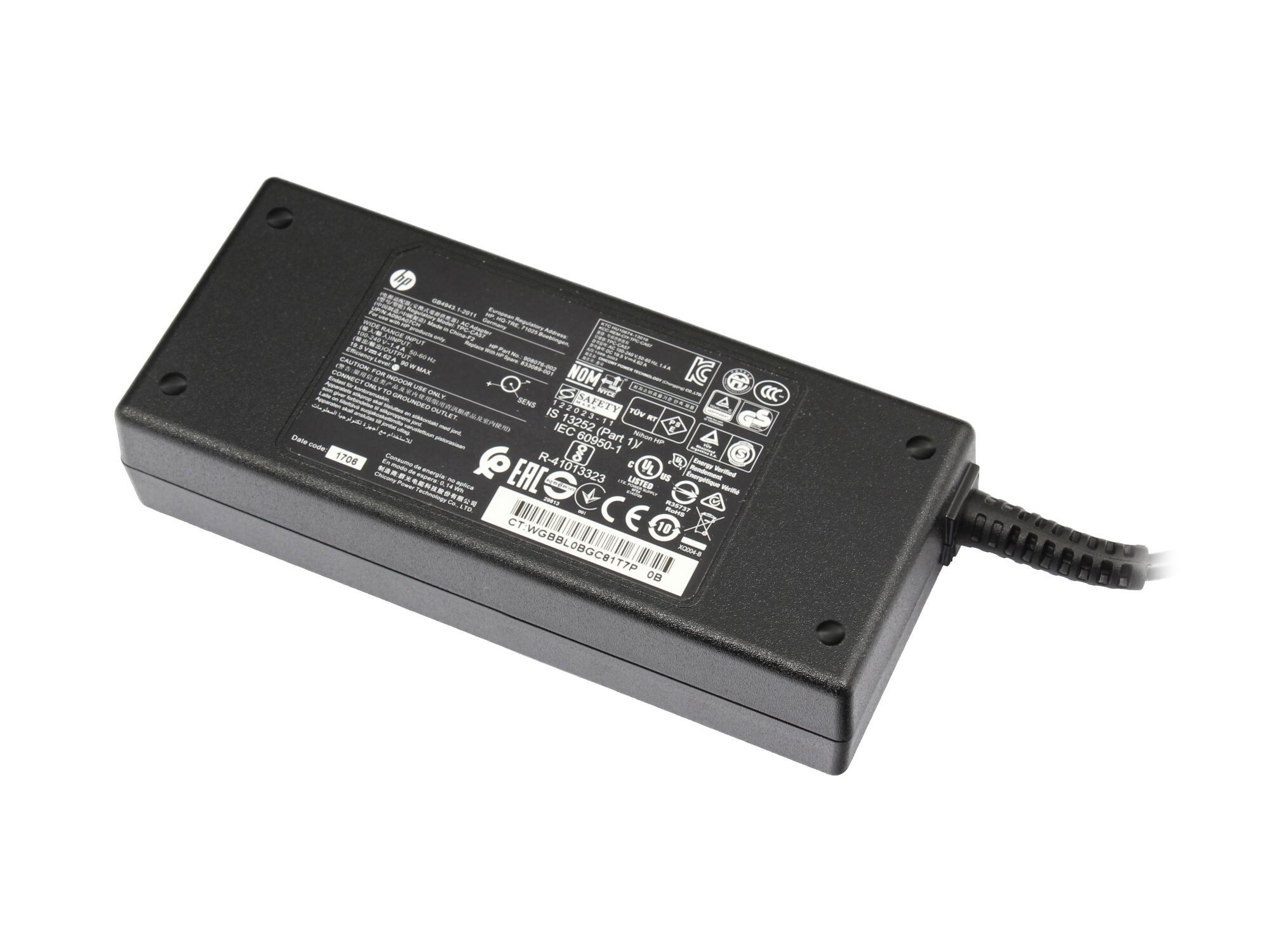 Schwarzes HP Netzteil mit Kennzeichnung, 100-240V AC, 19.5V DC.