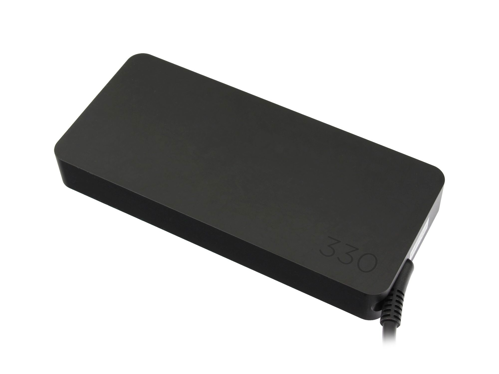 Ein schwarzer rechteckiger Netzteiladapter mit der Zahl 330 auf der Oberseite.