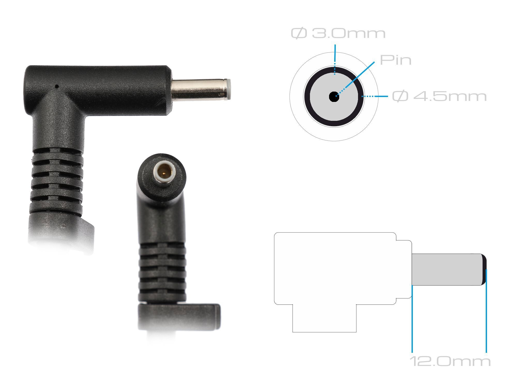 Schwarzer abgewinkelter DC-Stecker mit Maßen. Draufsicht zeigt 3,0 mm Stiftdurchmesser.