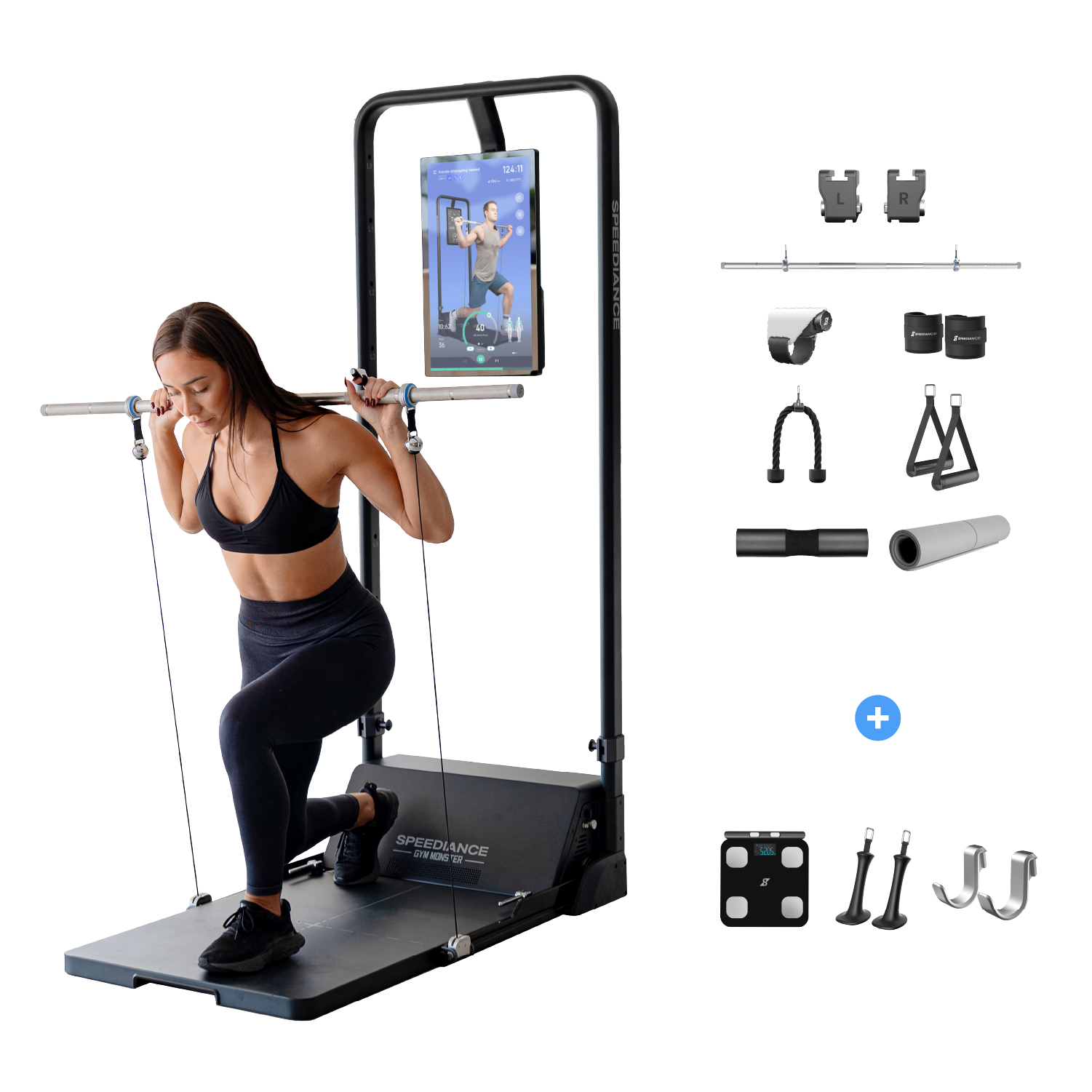 Frau macht einen Ausfallschritt mit einem Trainingsgerät, Zubehör daneben.