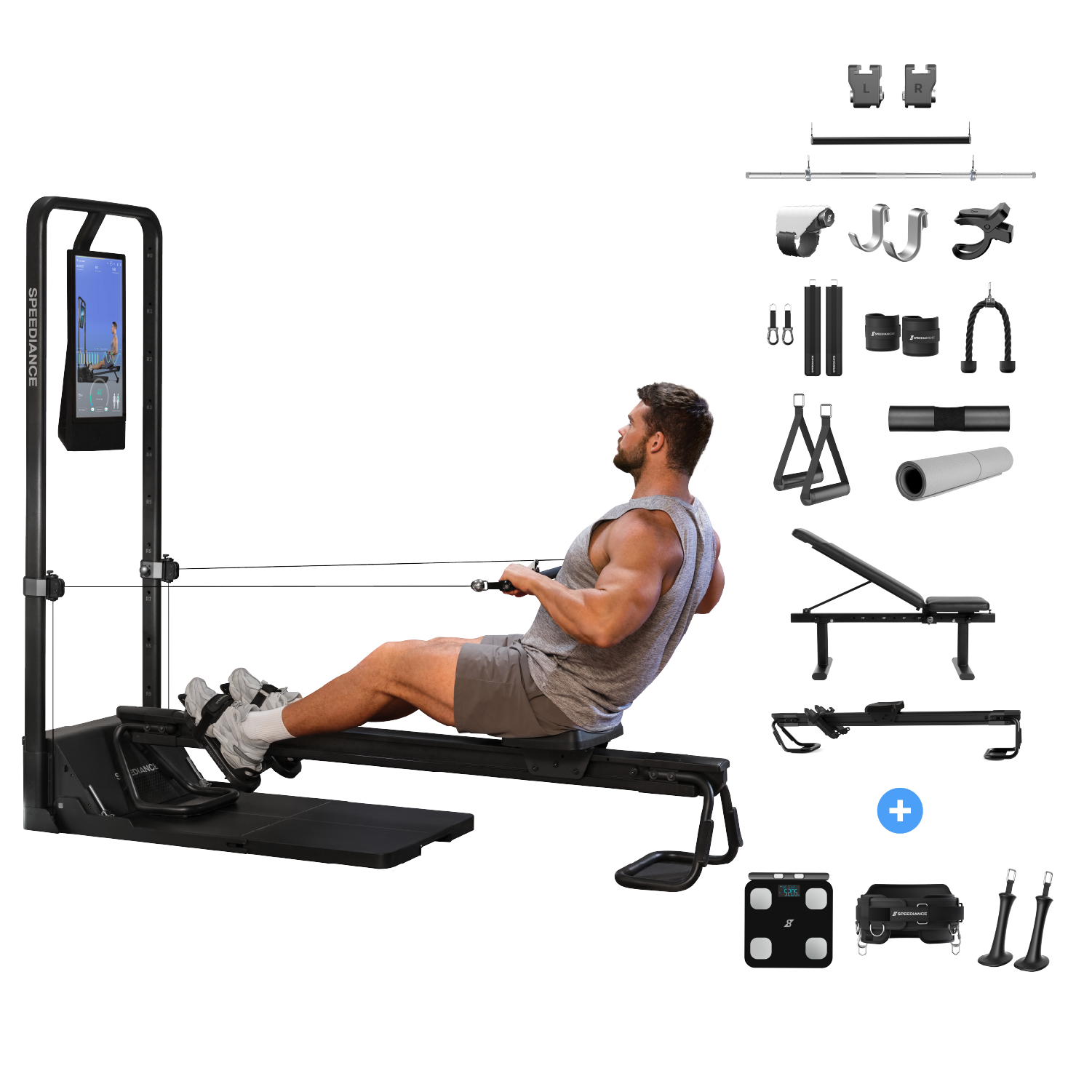 Mann auf einem Rudergerät, daneben ein Fitnessstudio-Equipment-Set.