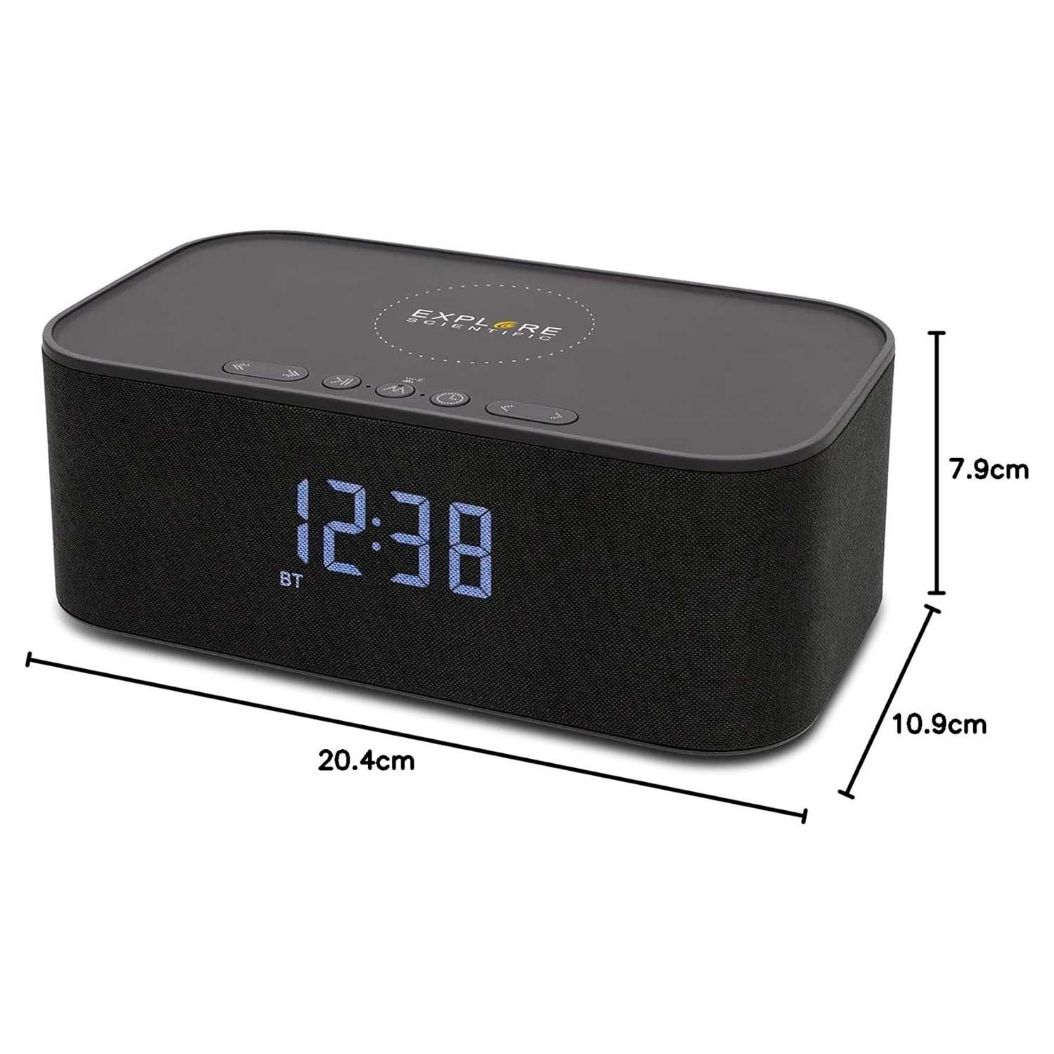Sveglia nera con display digitale 12:38 e simbolo Bluetooth.
