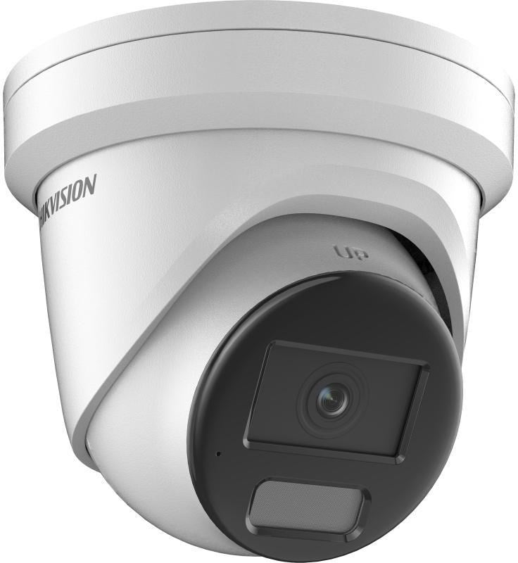 Una cámara de seguridad blanca con lente negra y el logo de Hikvision.