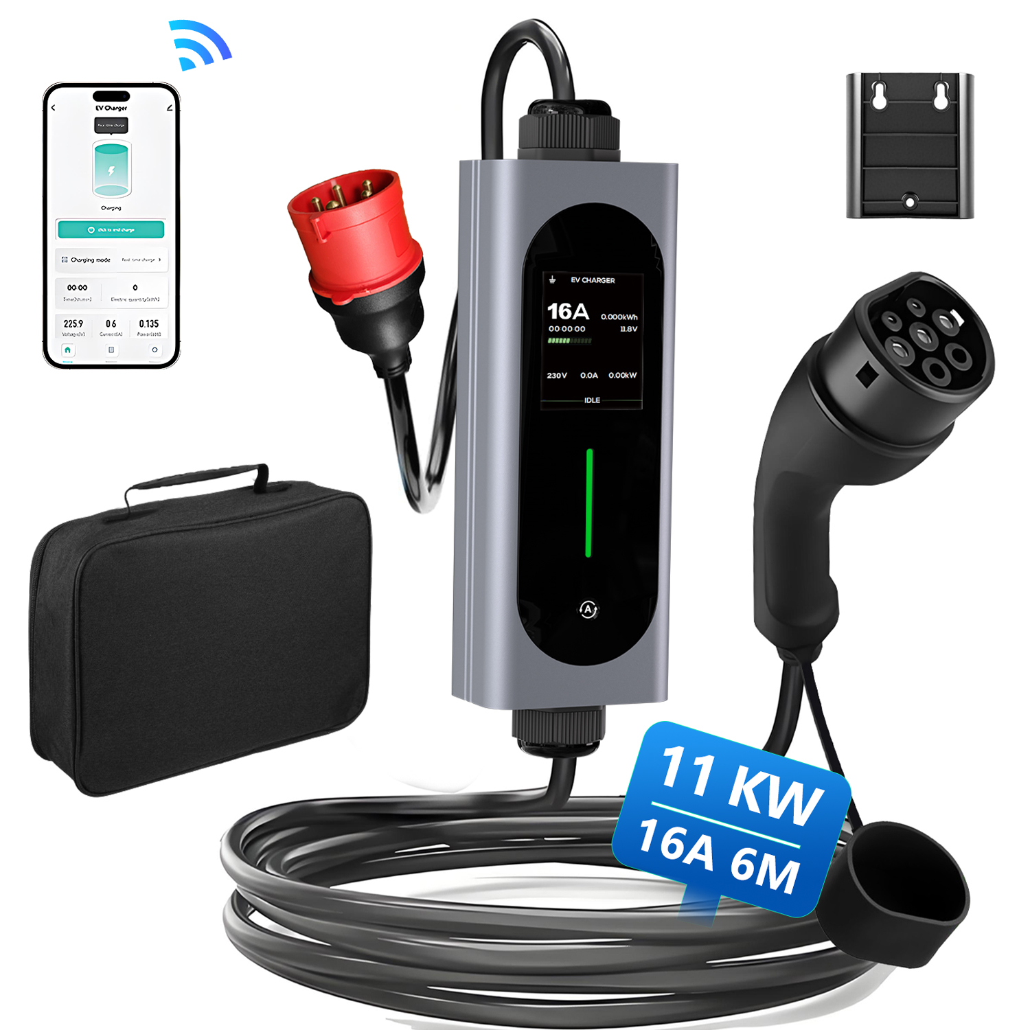 EV-Ladegerät, Kabel, Stecker, Tasche und Wandhalterung. Anzeige zeigt 16A, 230V.
