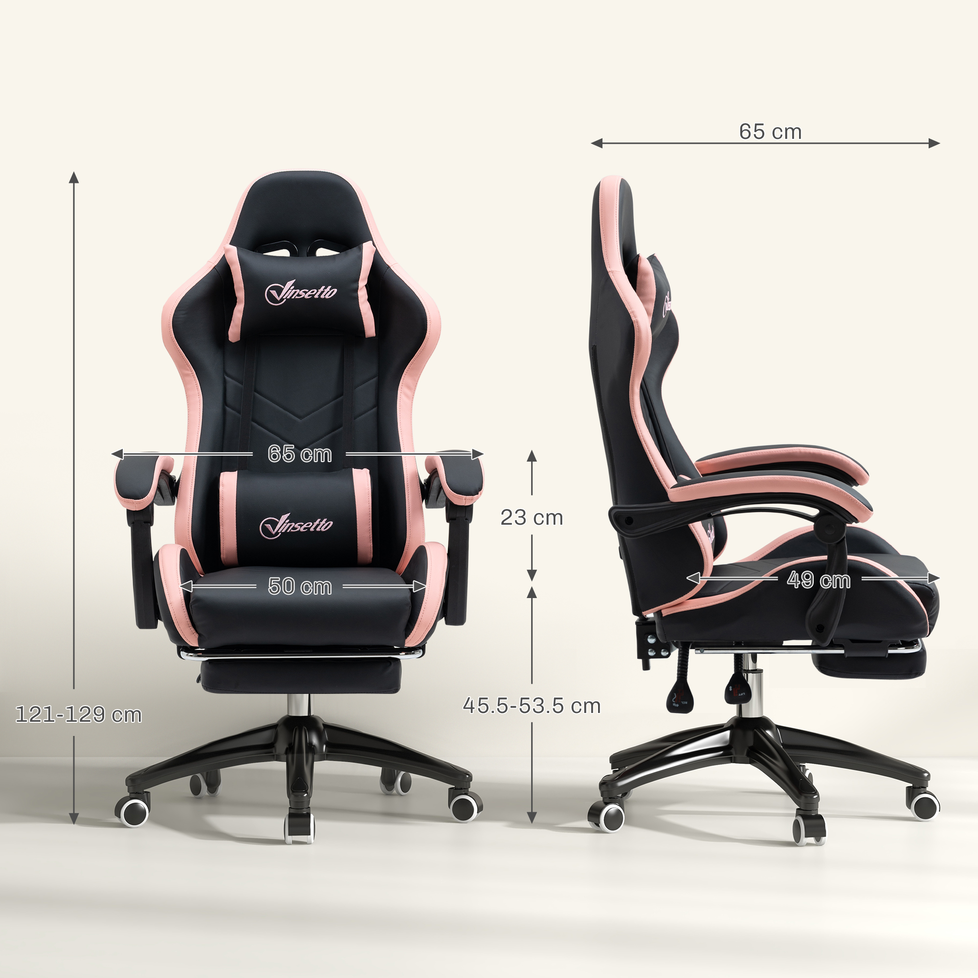 Sedia da gaming nera e rosa con altezza regolabile e dimensioni indicate.