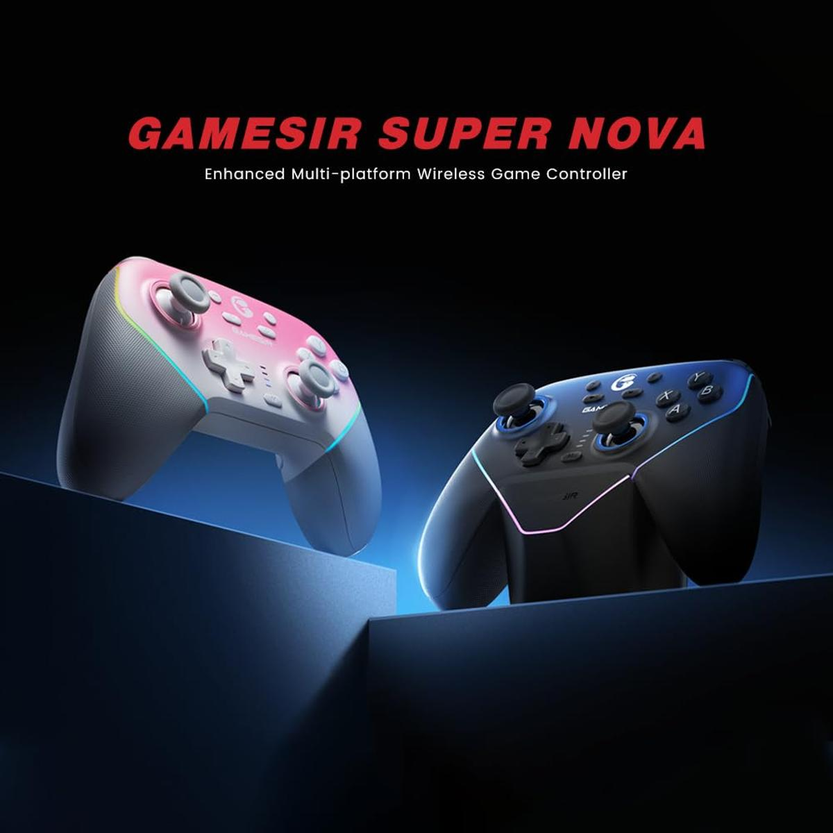 Dos mandos de videojuegos, uno rosa y otro negro, iluminados con luz de neón.