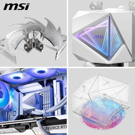 Collage von MSI PC-Komponenten: Lüfter, beleuchtetes Oberteil, im PC, Schema.