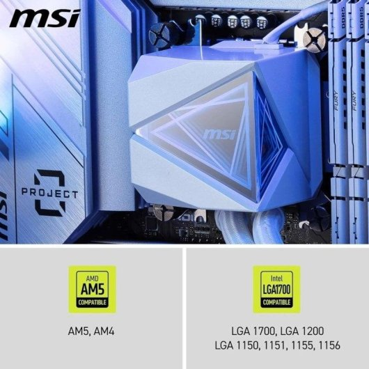 MSI-PC-Komponenten mit blauer Beleuchtung, AM5/AM4 und LGA1700 kompatibel.