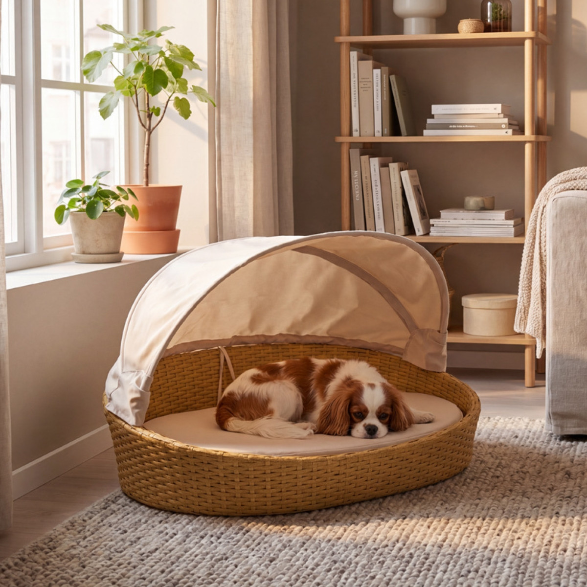 Cavalier King Charles Spaniel odpoczywa w plecionej legowisku dla psa z baldachimem przy oknie.