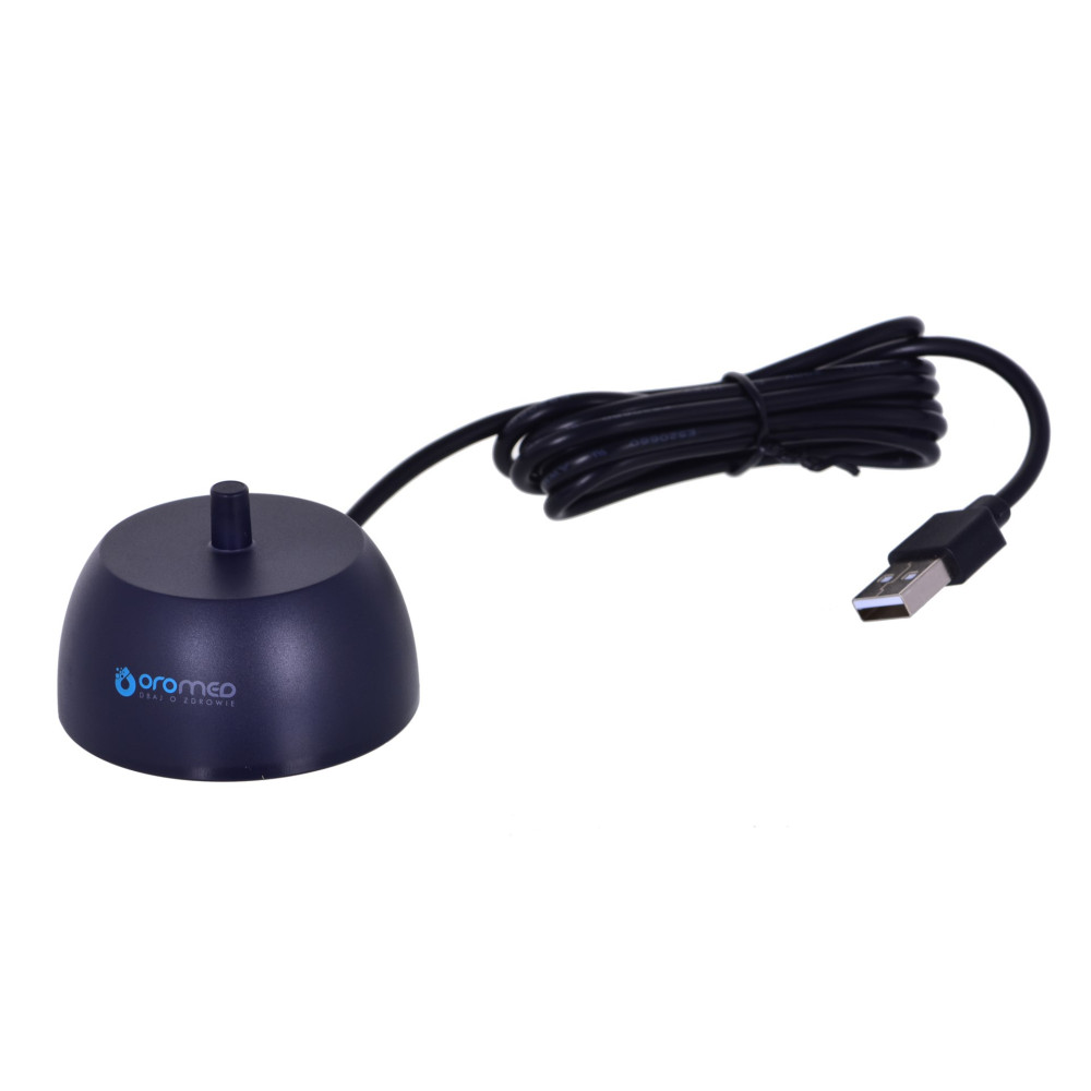 Ciemnoniebieska podstawa ładująca z kablem USB na białym tle.