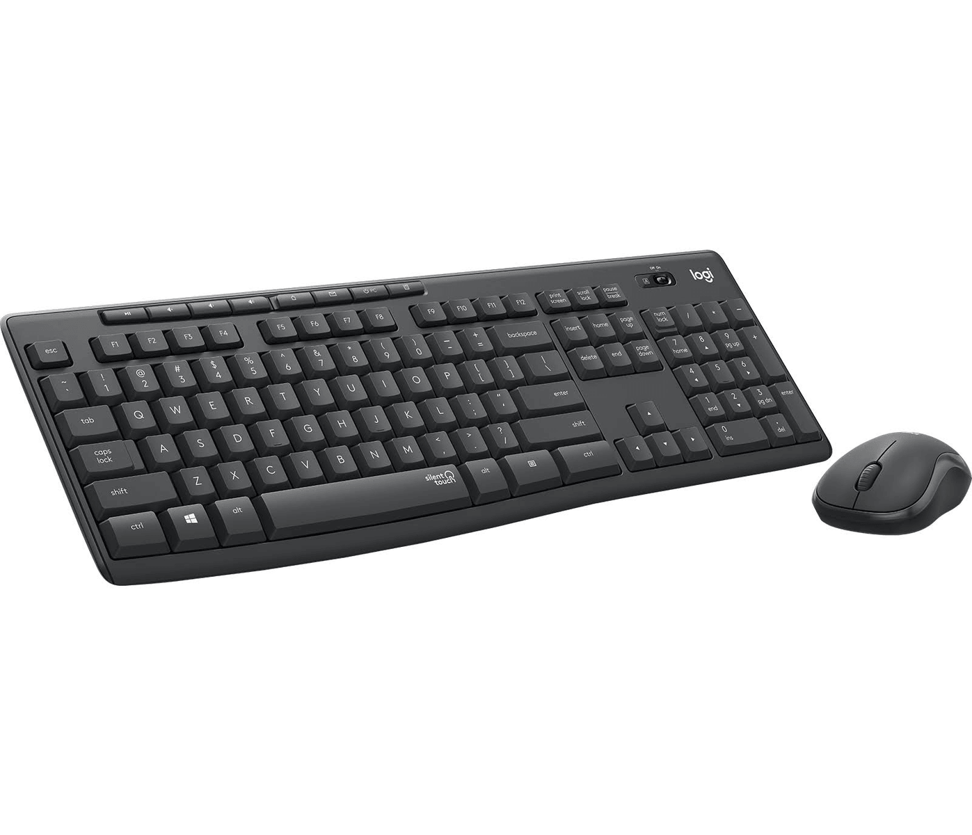 Un juego de teclado y ratón inalámbricos Logitech negros sobre fondo blanco.