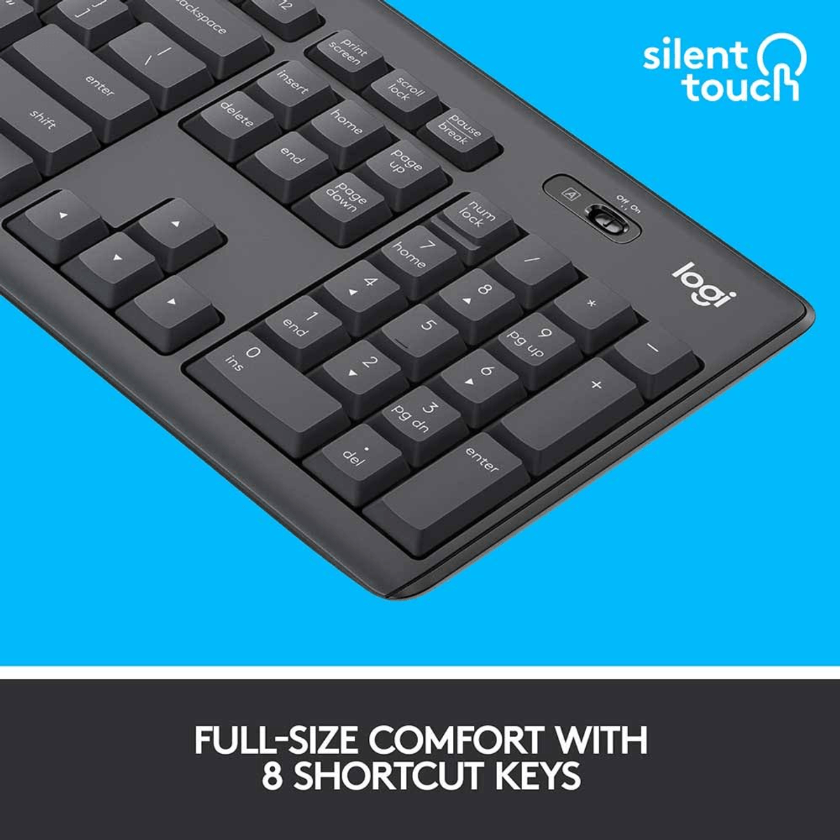 Primer plano de un teclado oscuro con teclado numérico y el logo de Logitech.