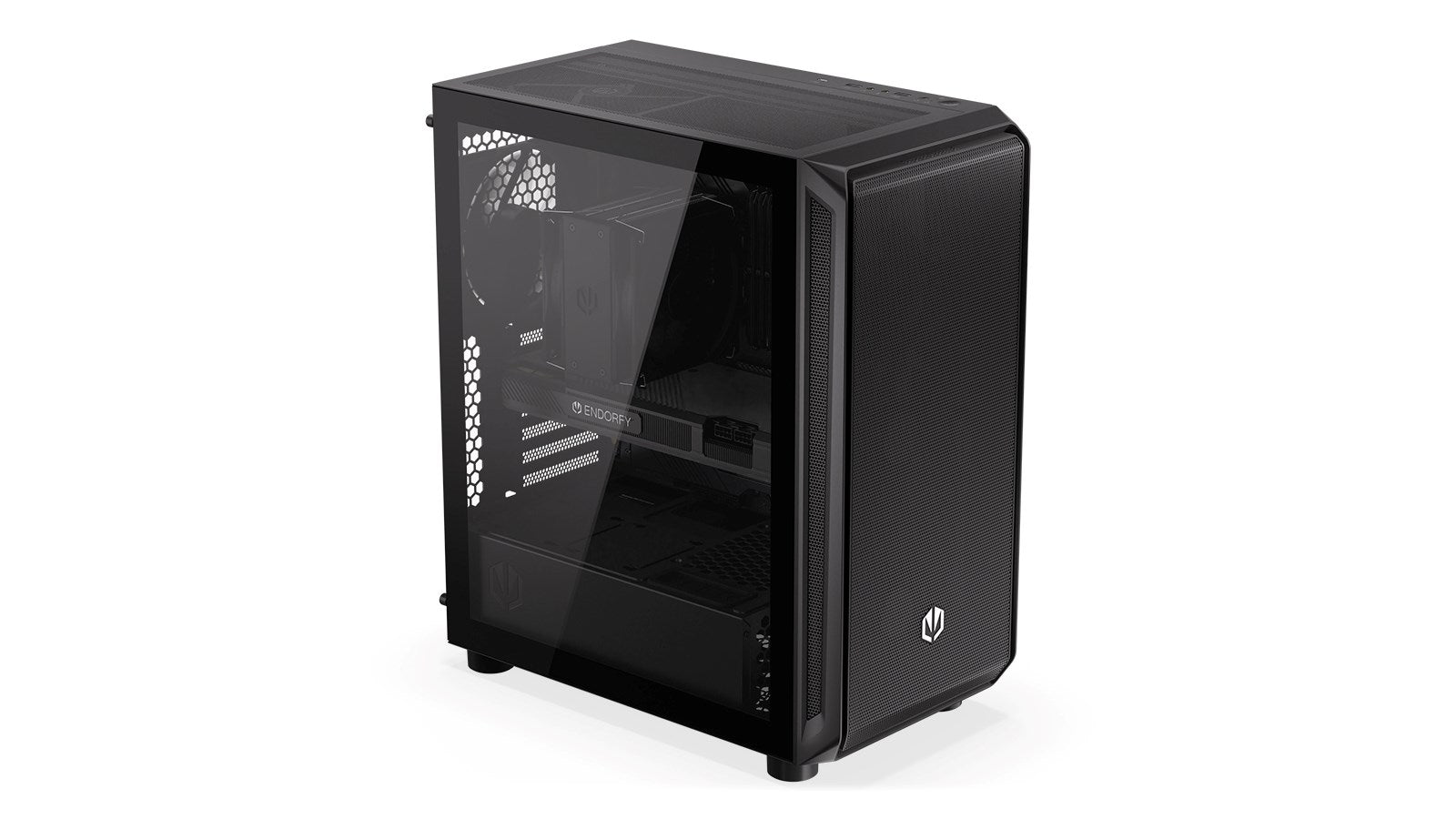 Case per computer nero con pannello laterale in vetro e frontale in mesh.