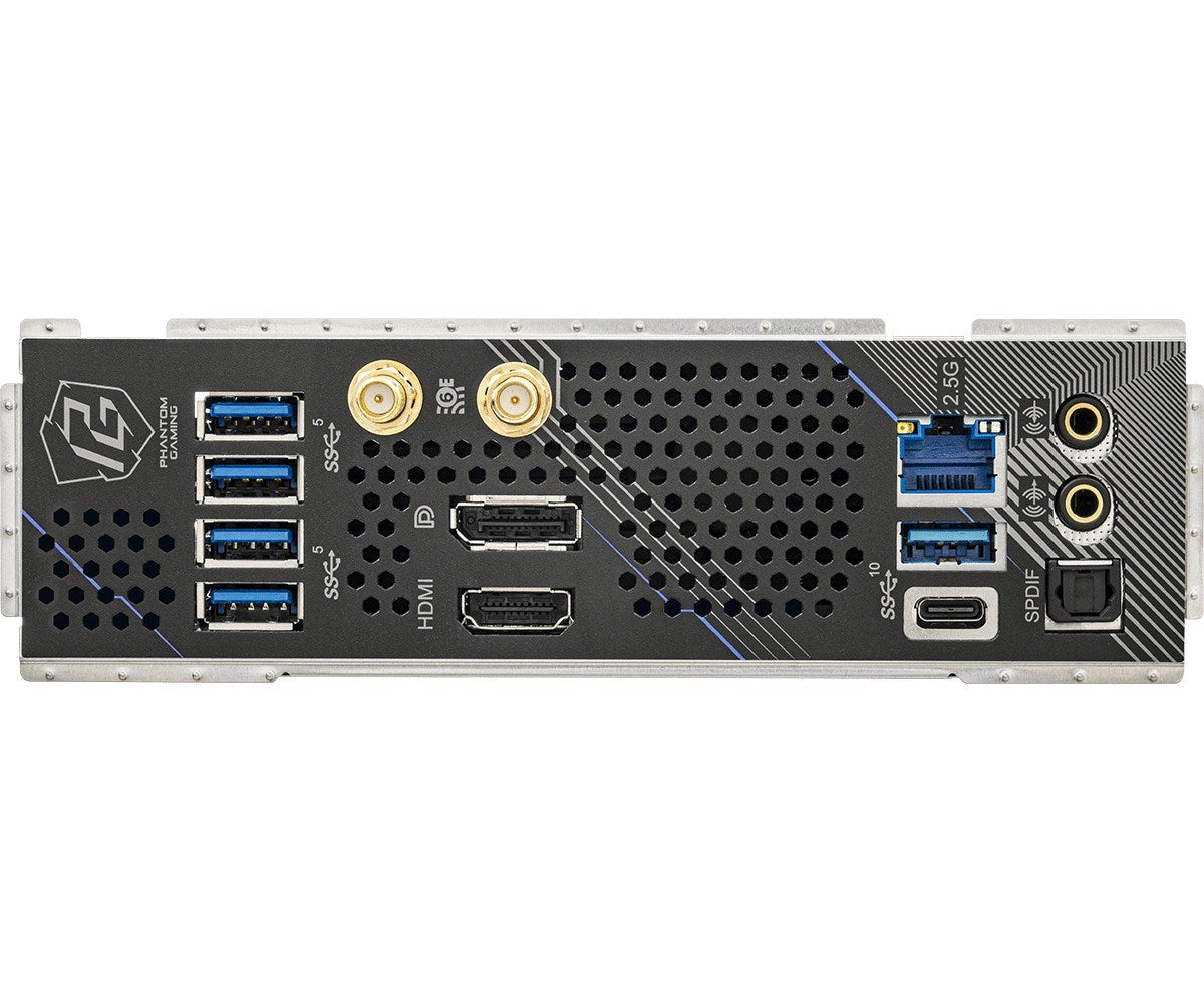 Pannello I/O posteriore: Porte USB, HDMI, DisplayPort, Ethernet 2,5G, jack audio, SPDIF.
