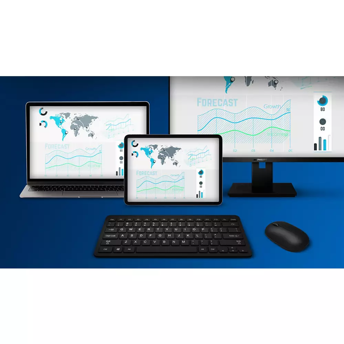Un portátil, tablet y monitor muestran gráficos de crecimiento y mapas mundiales.